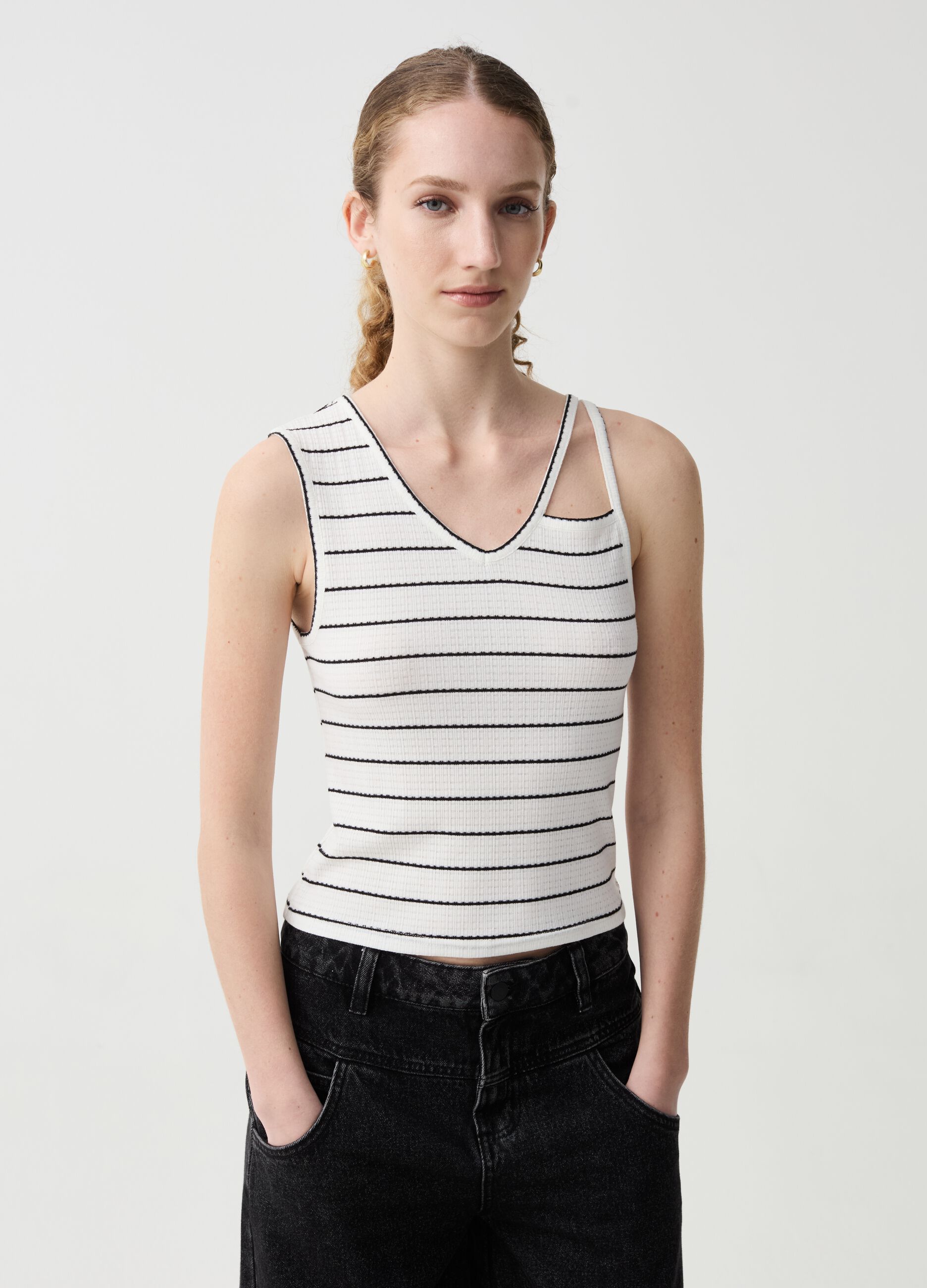 Striped tank top with cut-out detailing