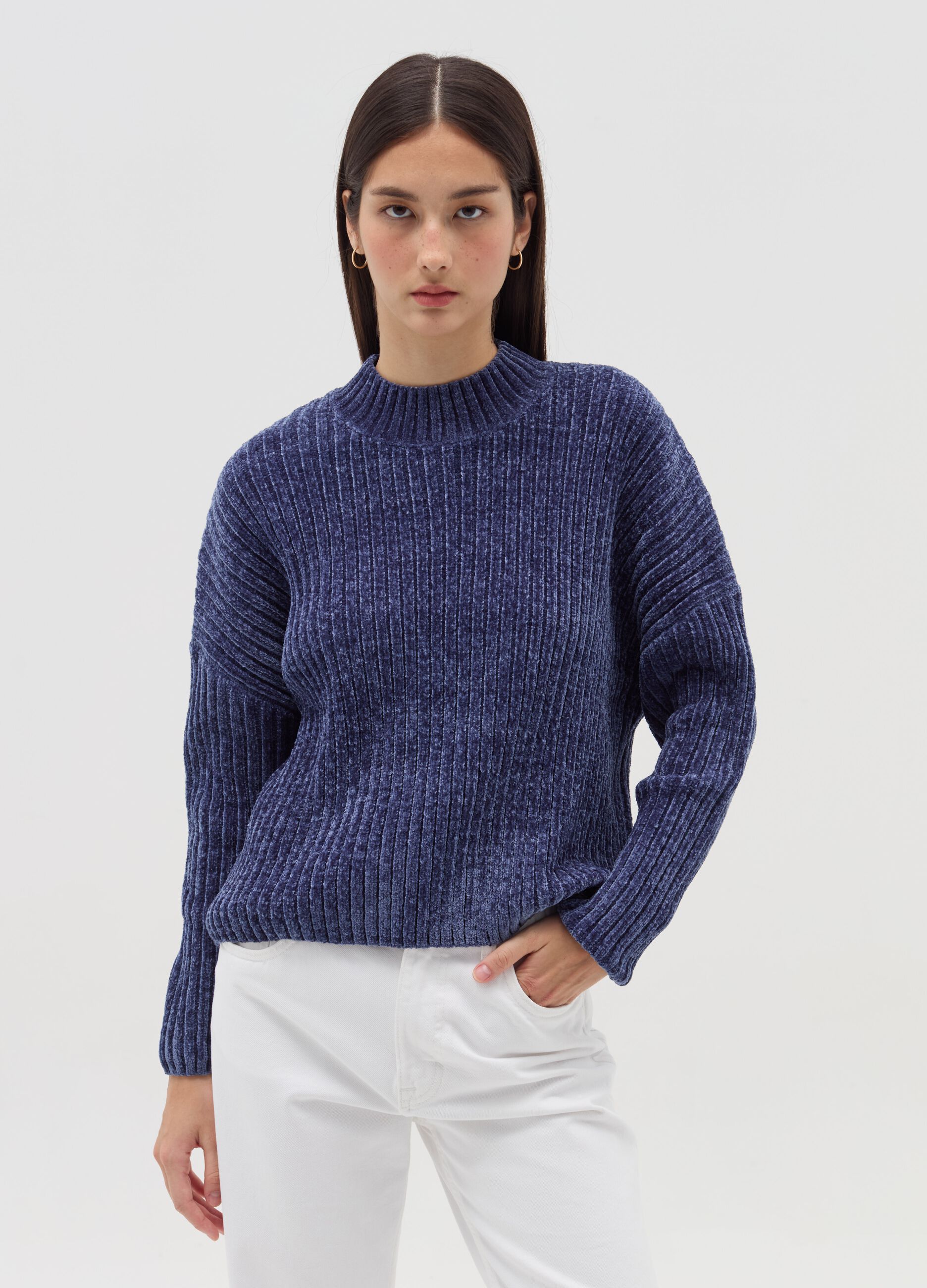 Chenille pullover with mock neck