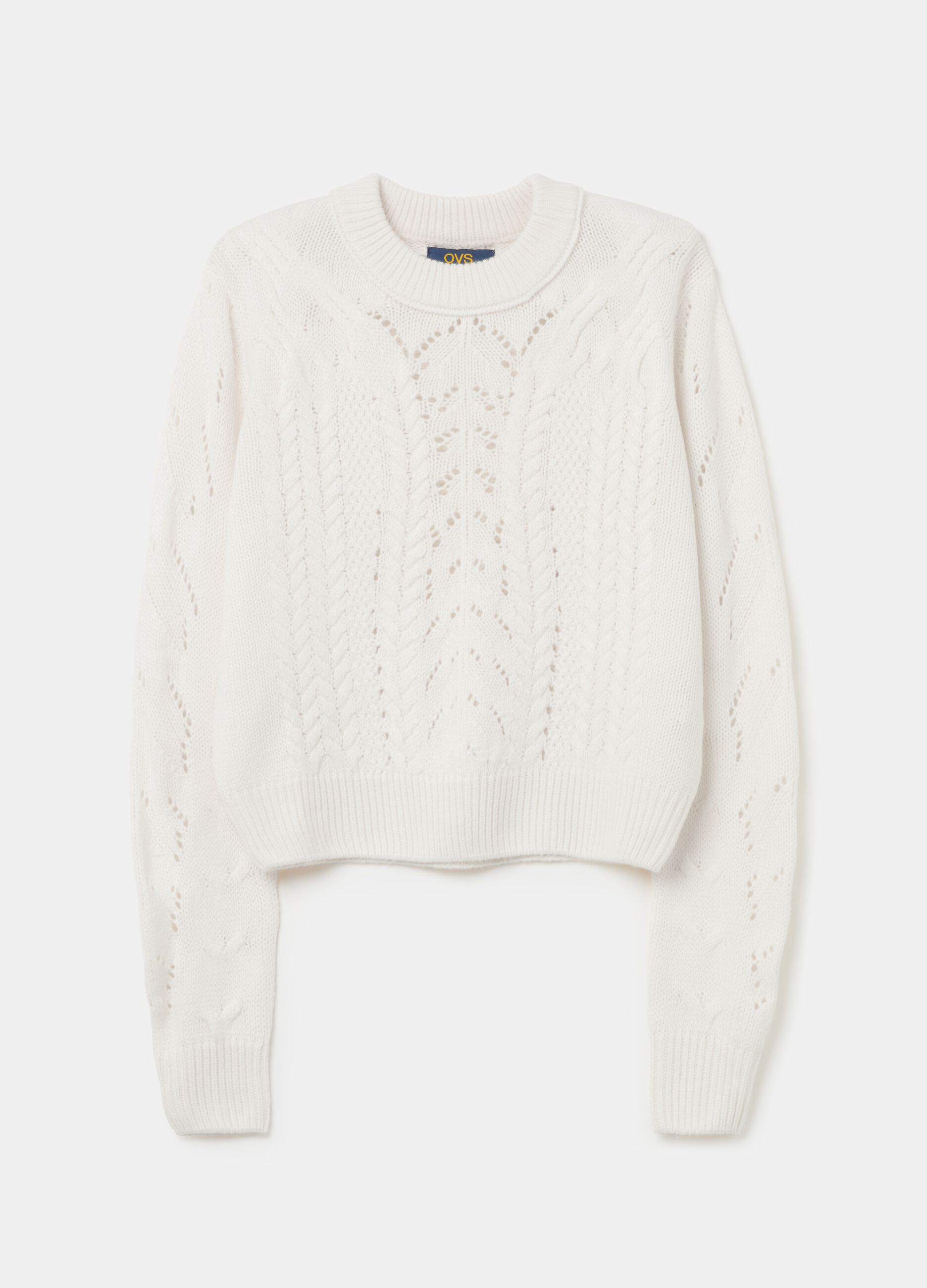 Cropped pointelle pullover with cable-knit design