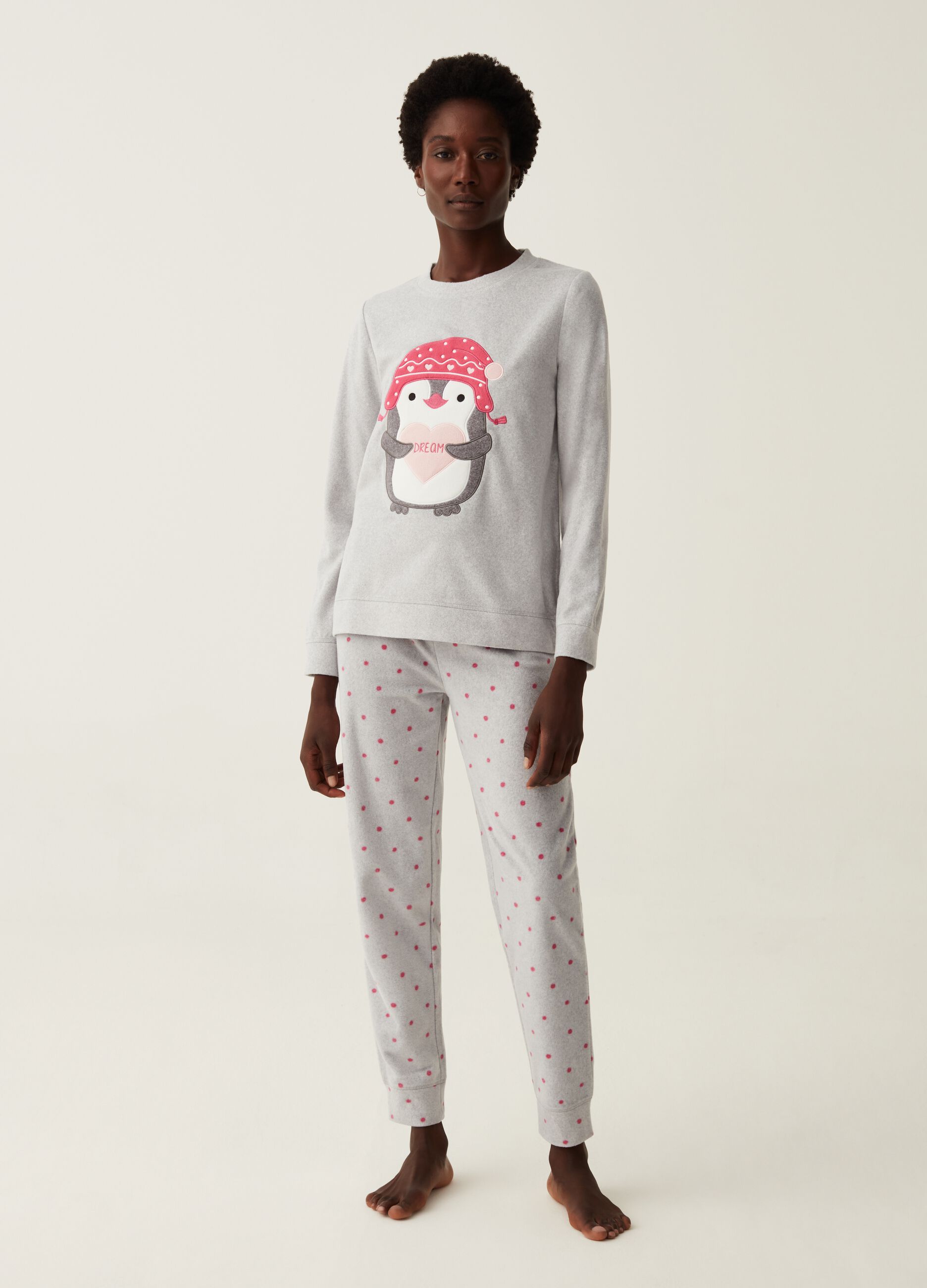 Long fleece pyjamas with owl embroidery