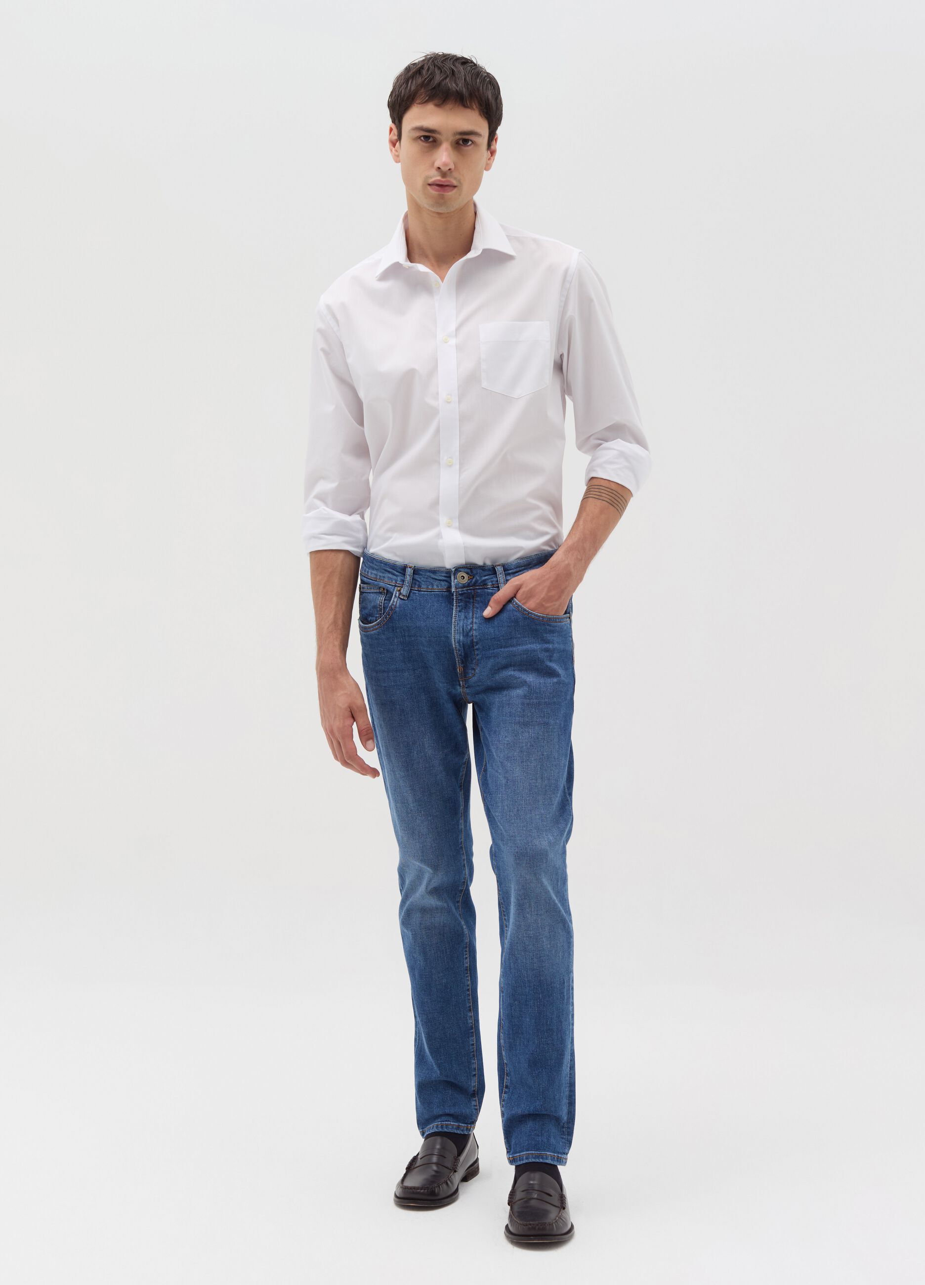 Slim-fit cross-hatch cotton jeans