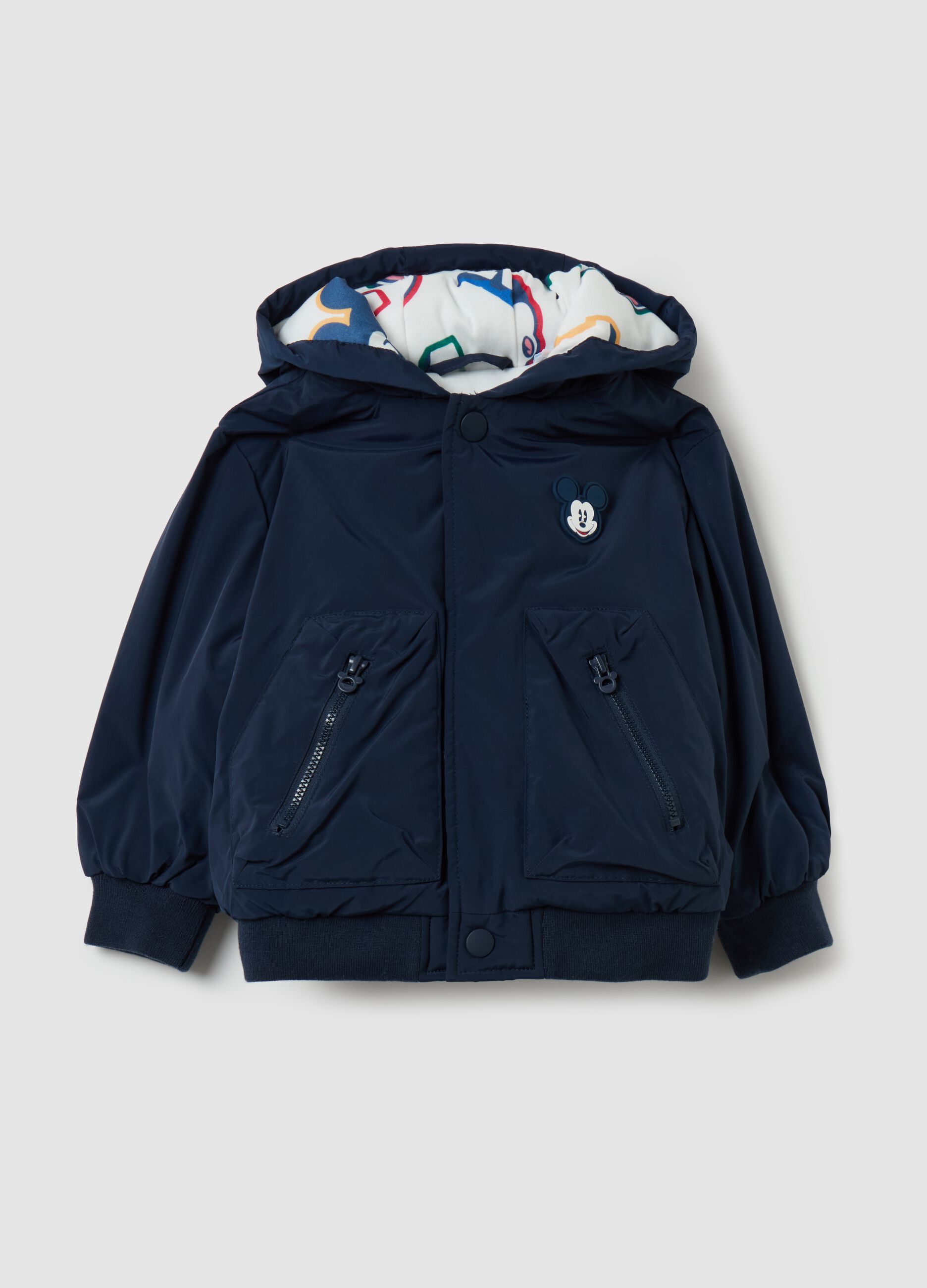 Bomber jacket with hood and Mickey Mouse print