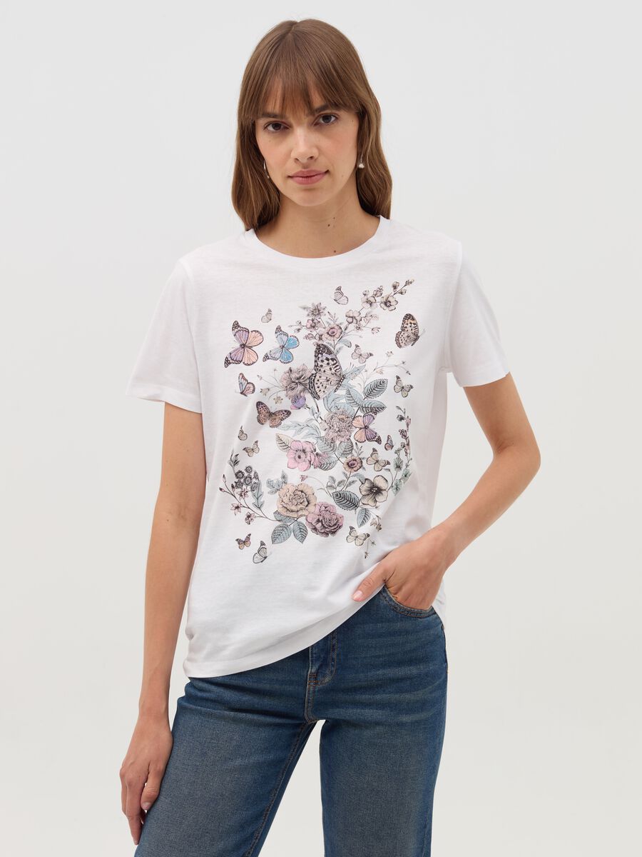 T-shirt with butterflies and flowers print_0