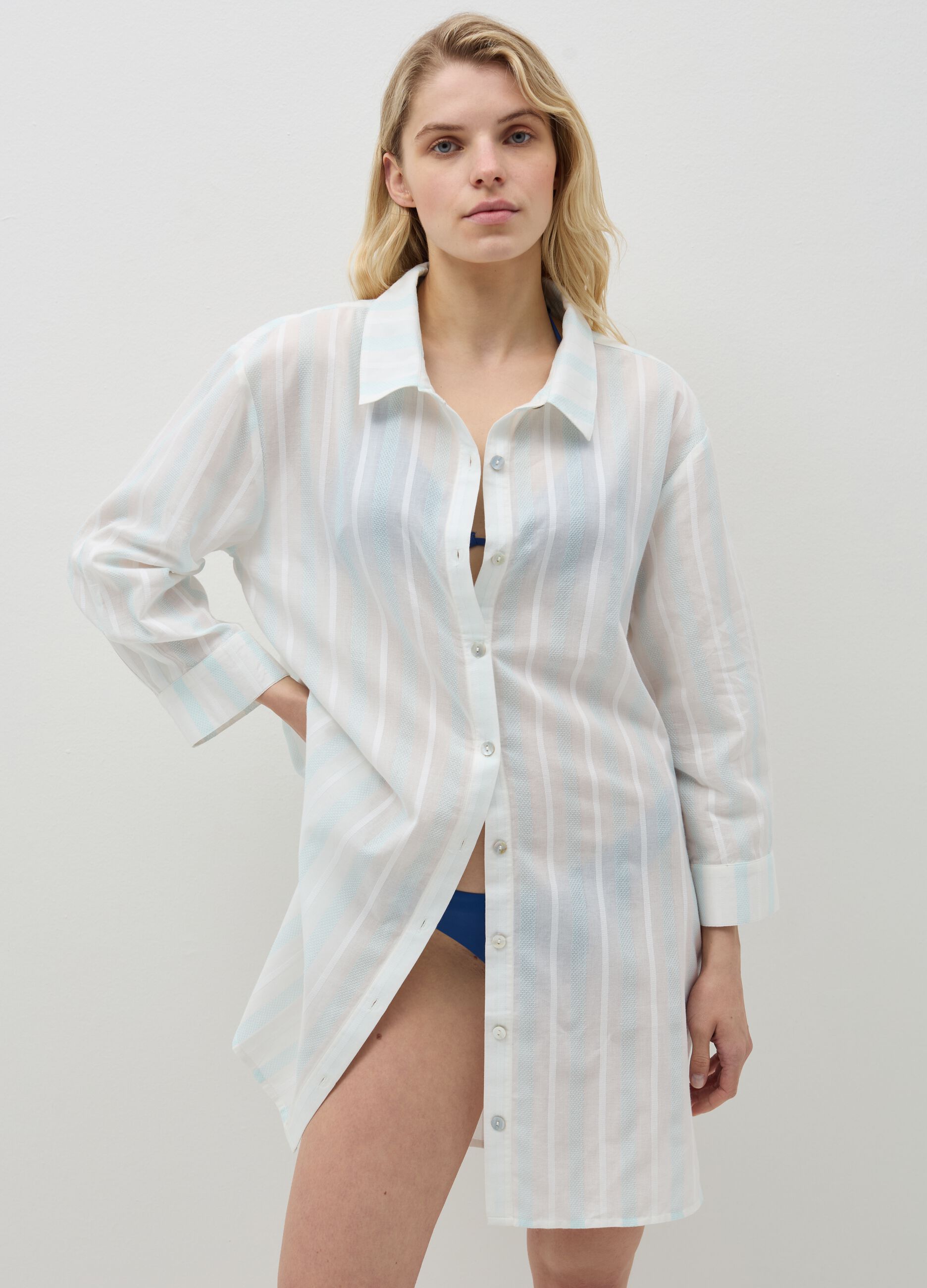 Striped beach cover-up shirt with embroidery