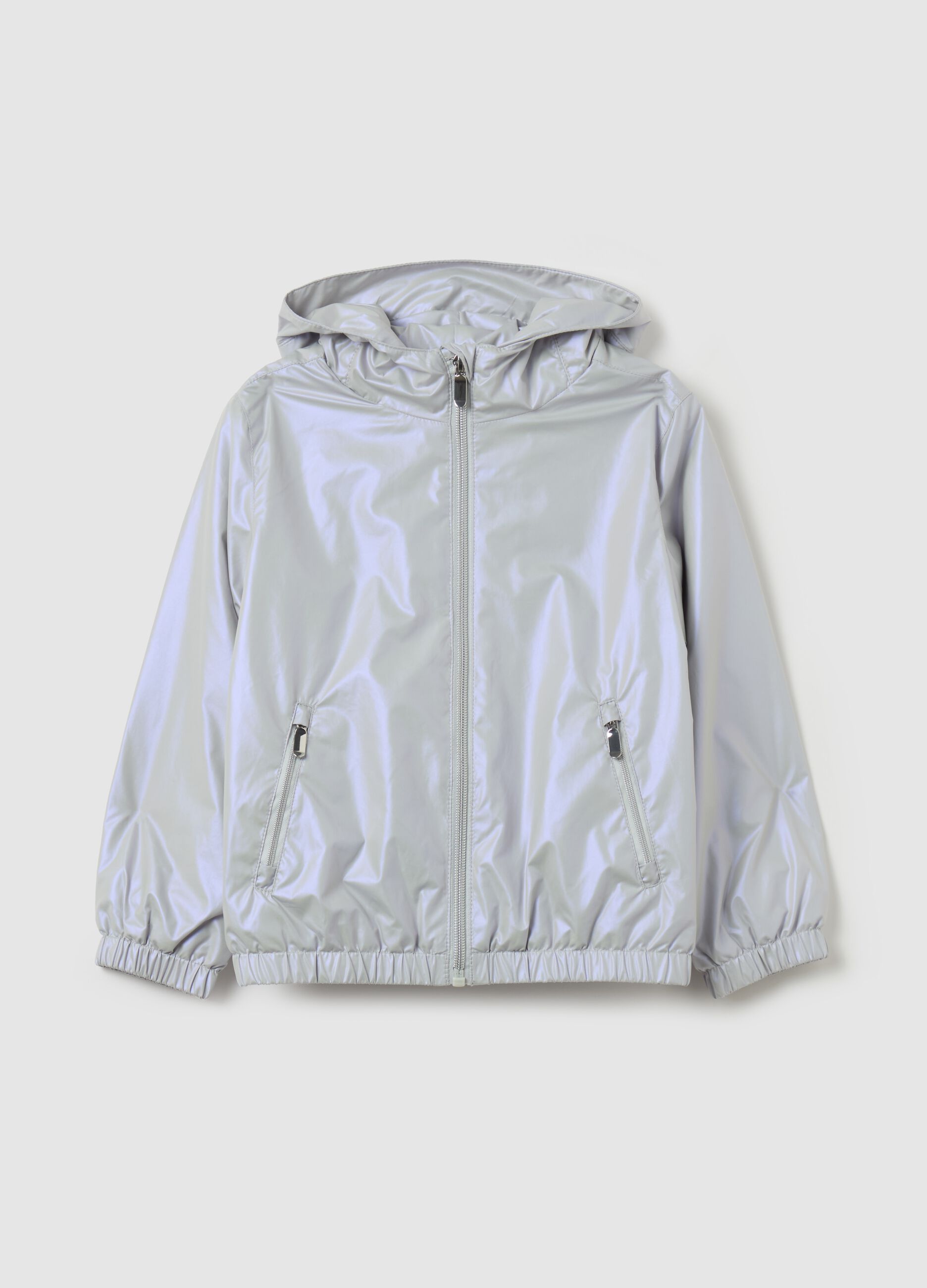 Short shiny-effect waterproof jacket