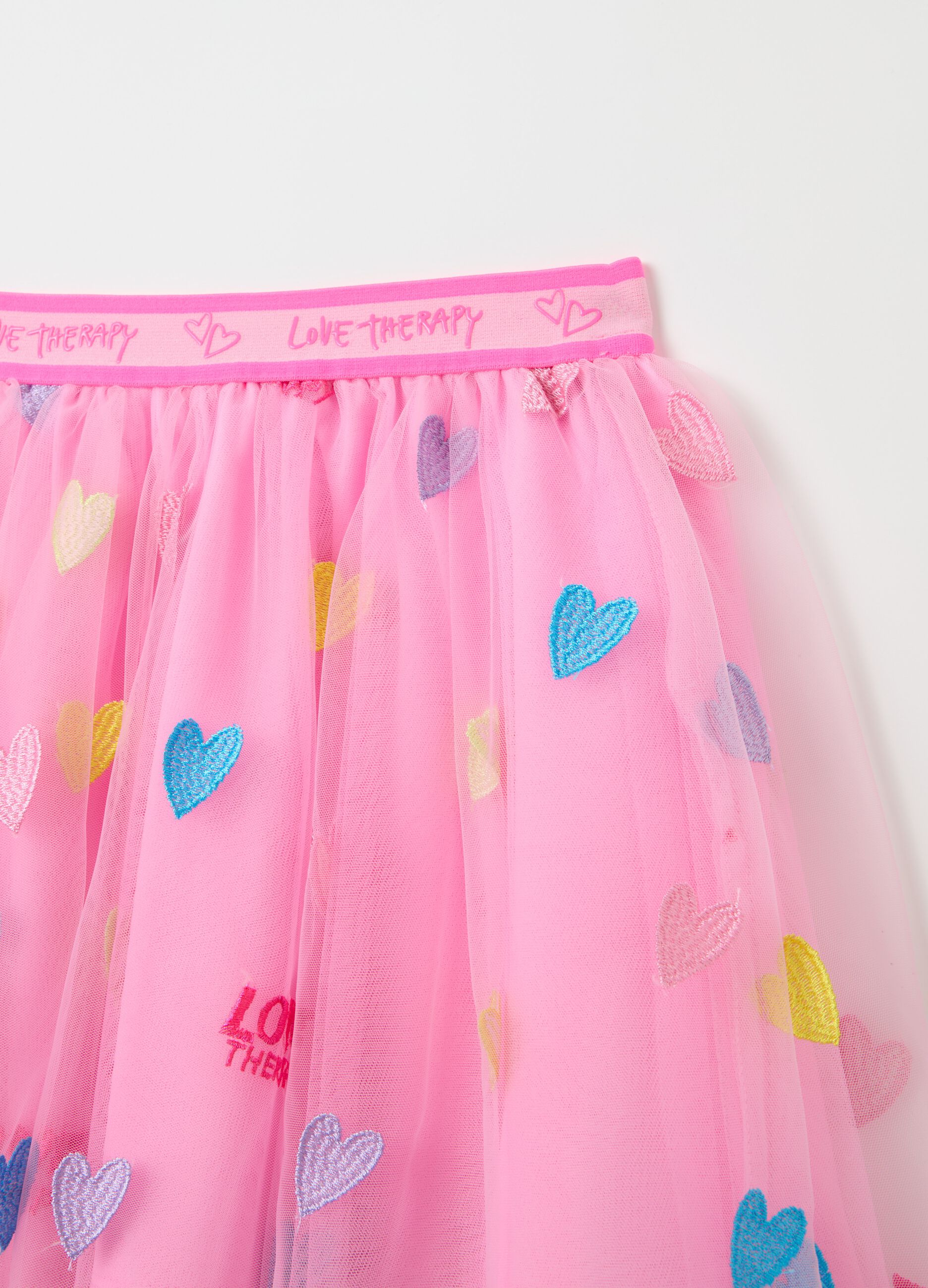 Tulle skirt with multicoloured hearts embroidery