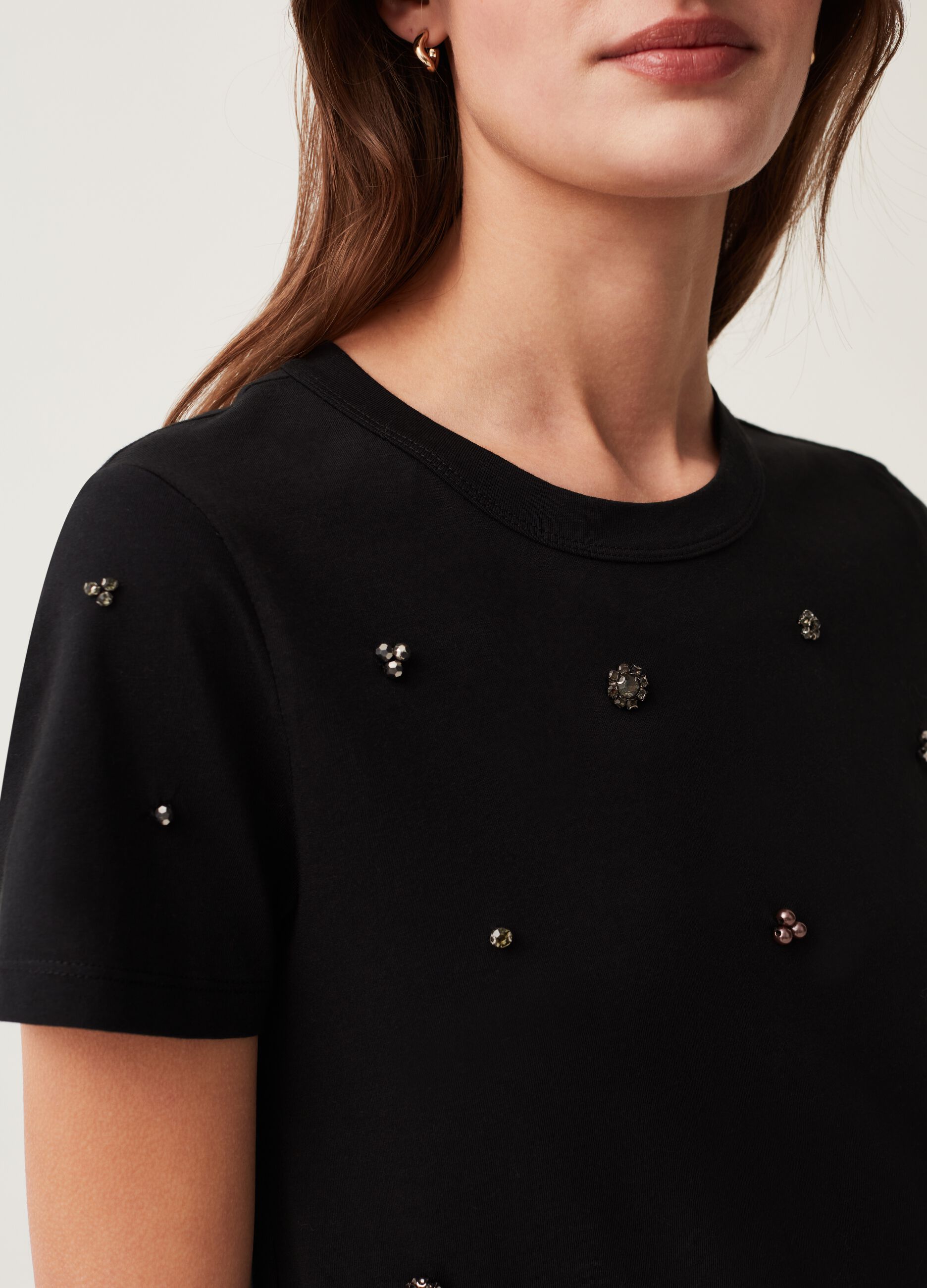 Cotton T-shirt with diamanté motifs