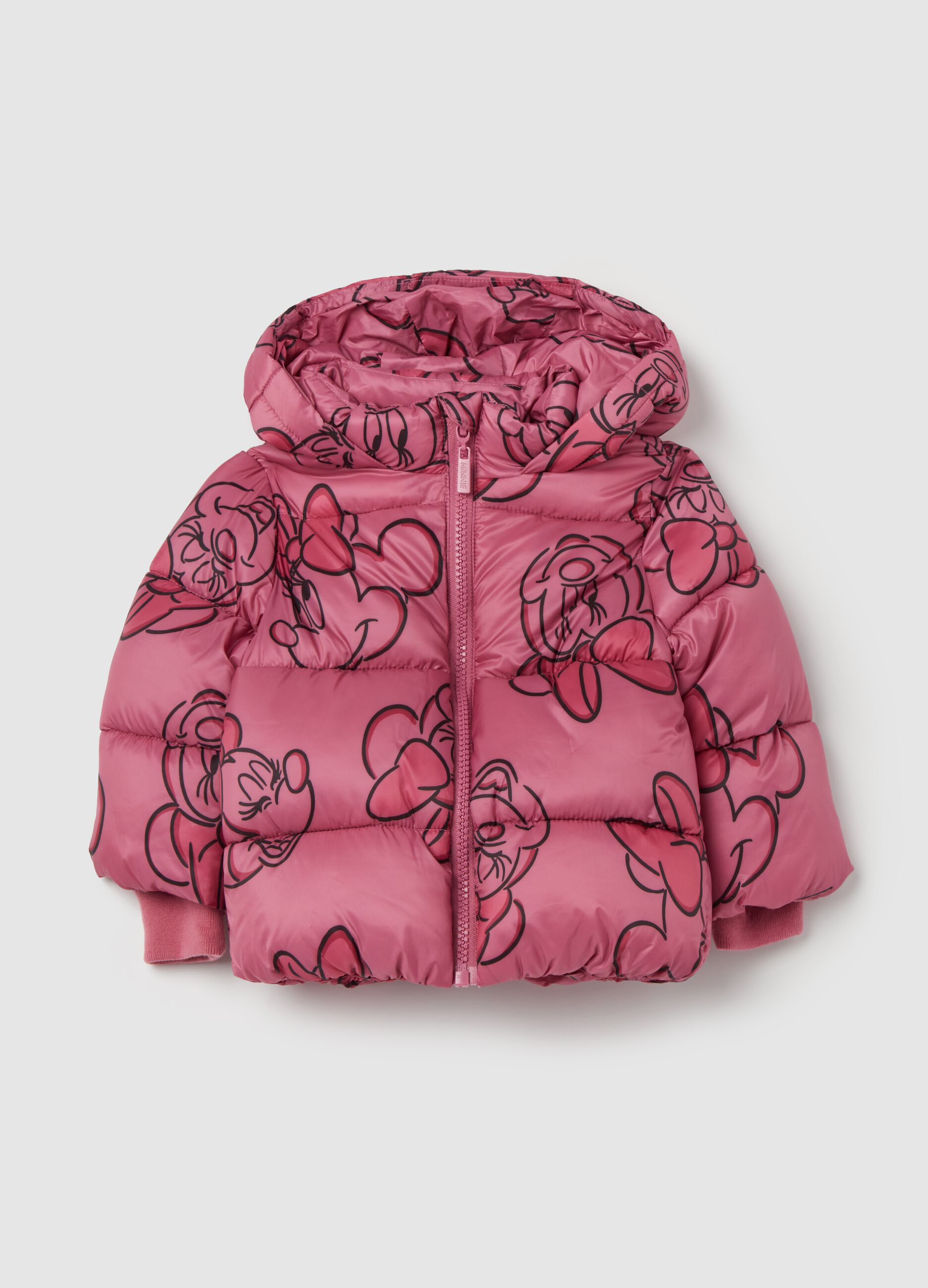 Down jacket with hood and Minnie Mouse print