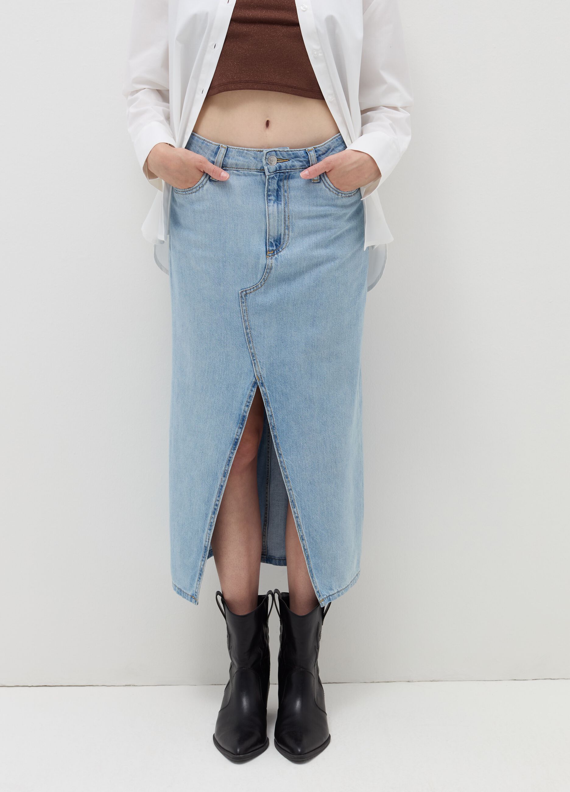 Long denim skirt with split