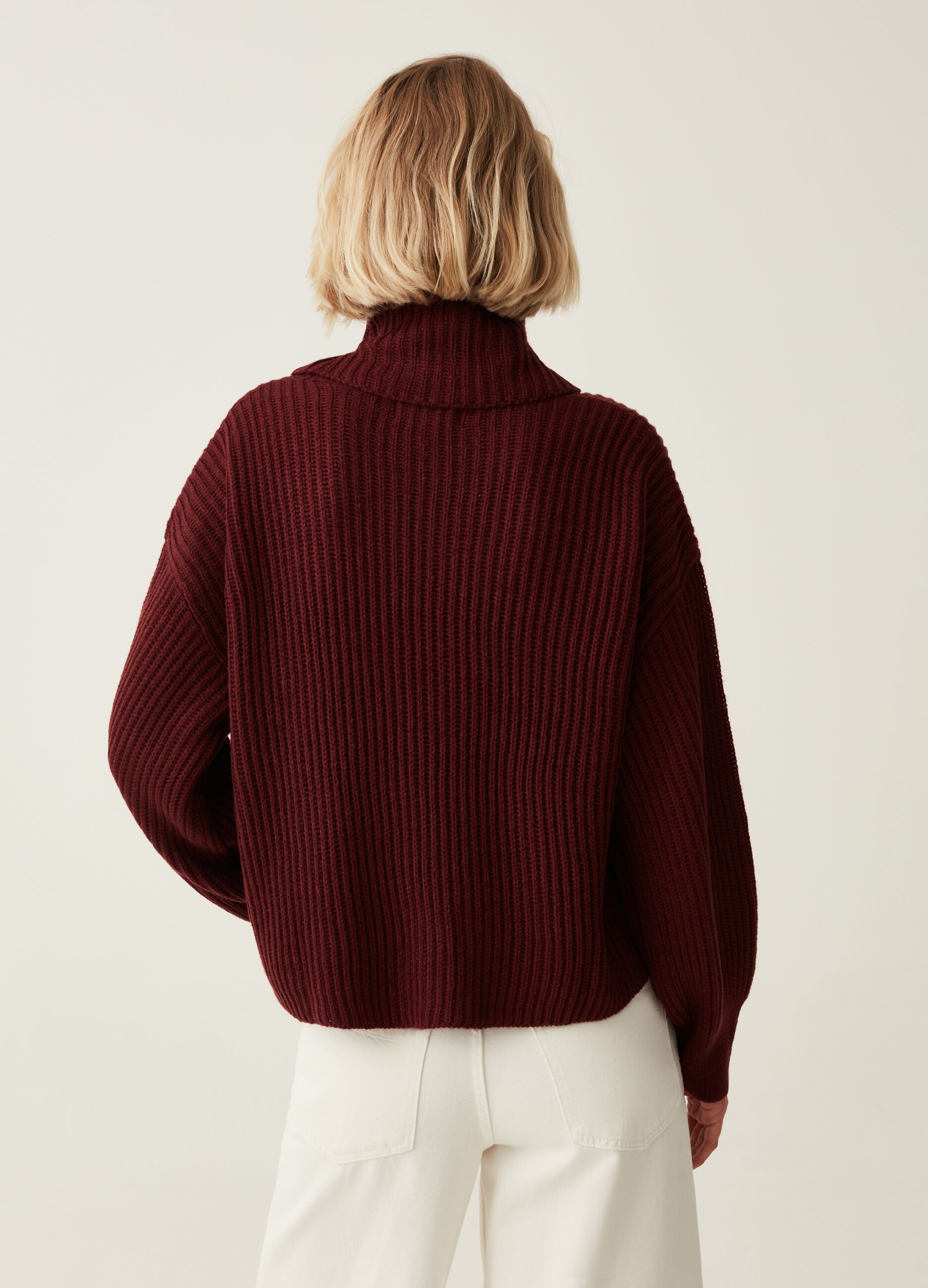 Ribbed pullover with high ring neck