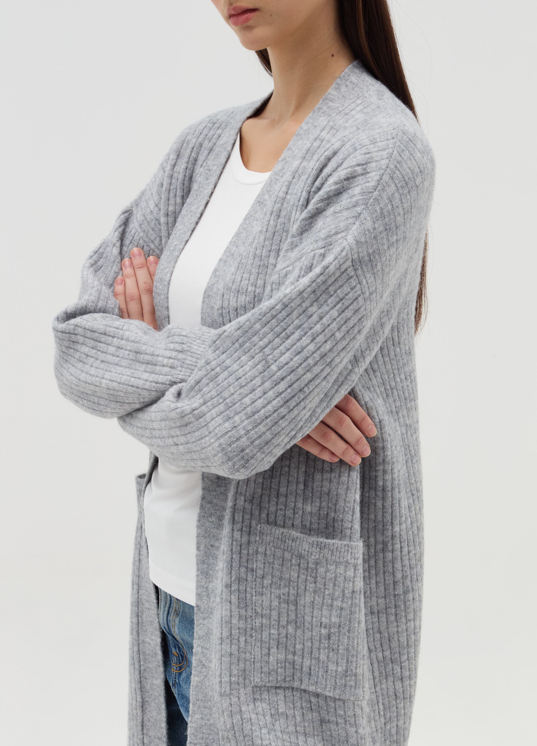 Long ribbed open cardigan