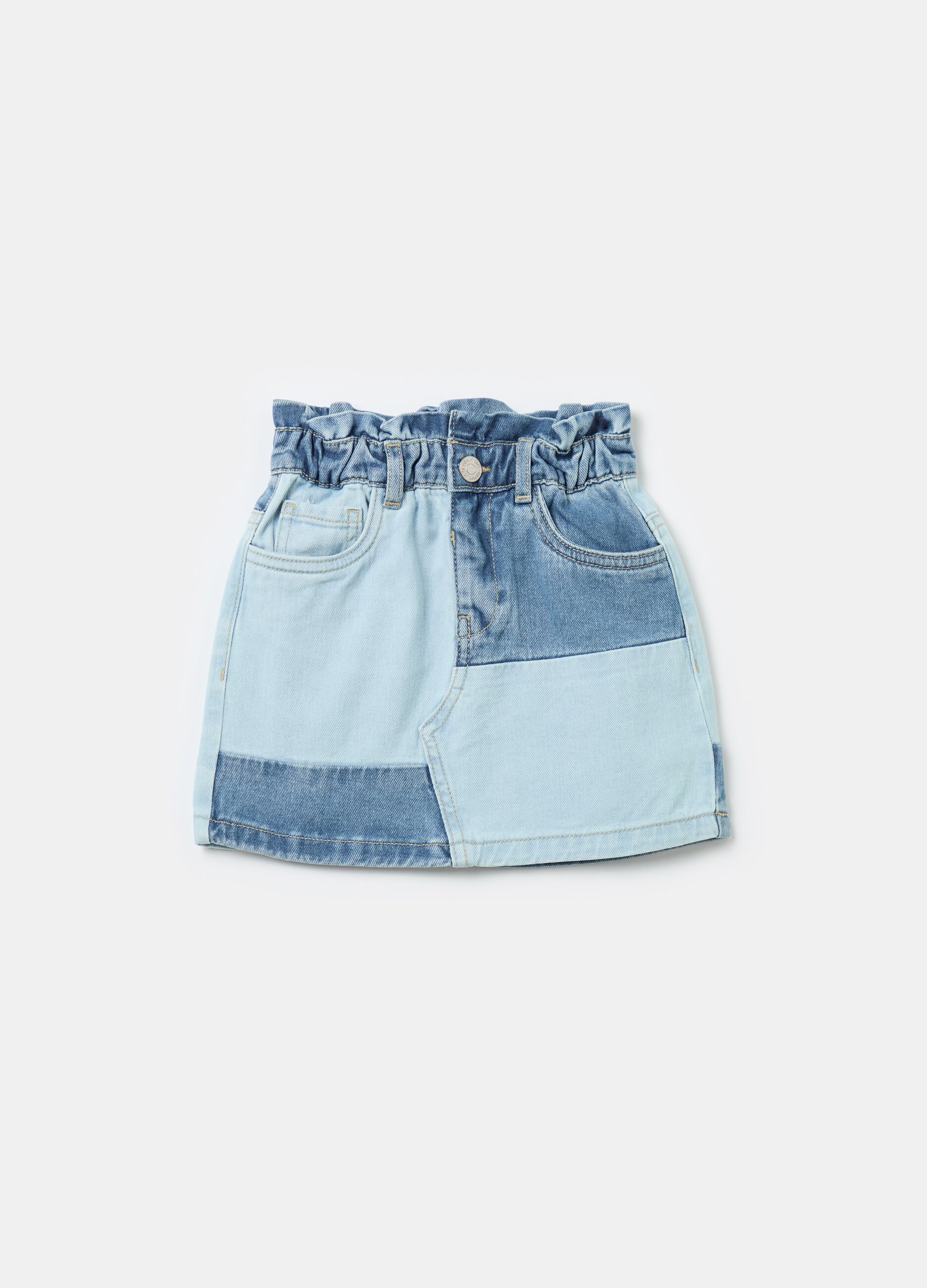 Short paper-bag shirt in patchwork denim