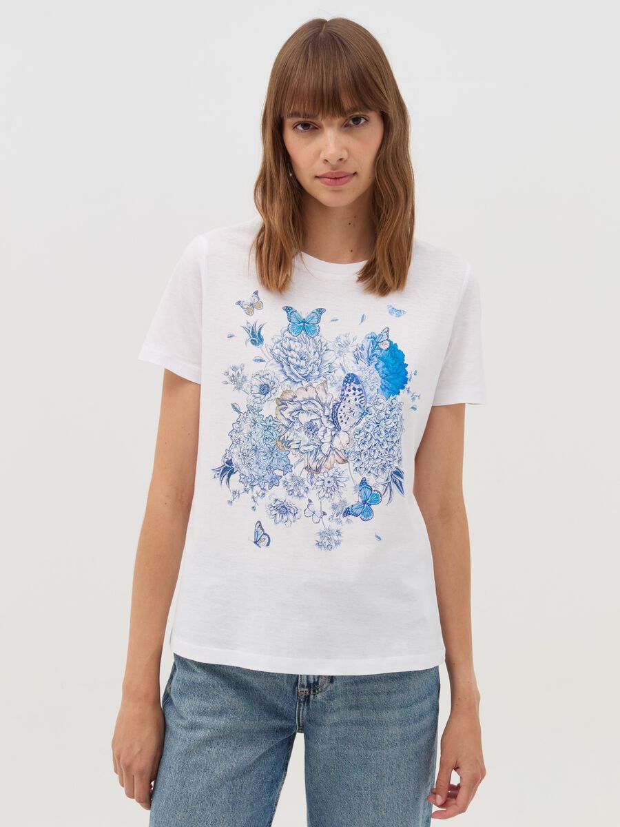 T-shirt stampa farfalle con fiori_0