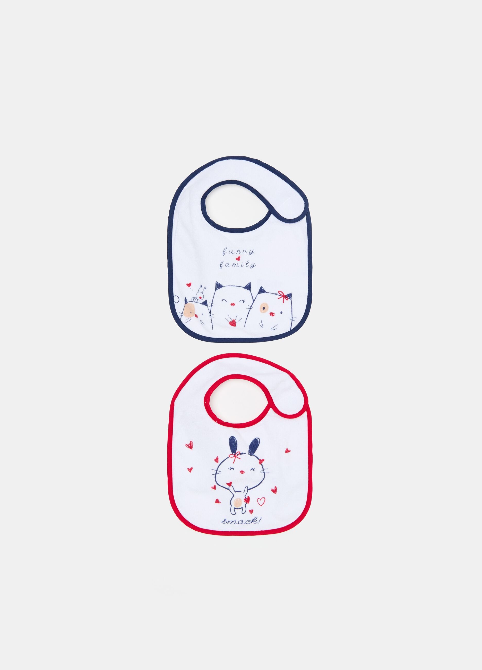 Two-pack bibs with PEVA backing and animals