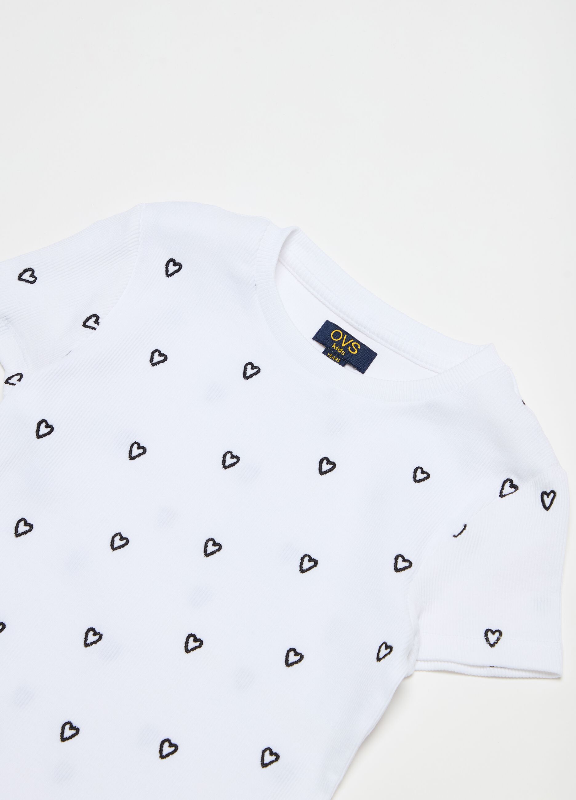 Ribbed T-shirt with all-over hearts embroidery