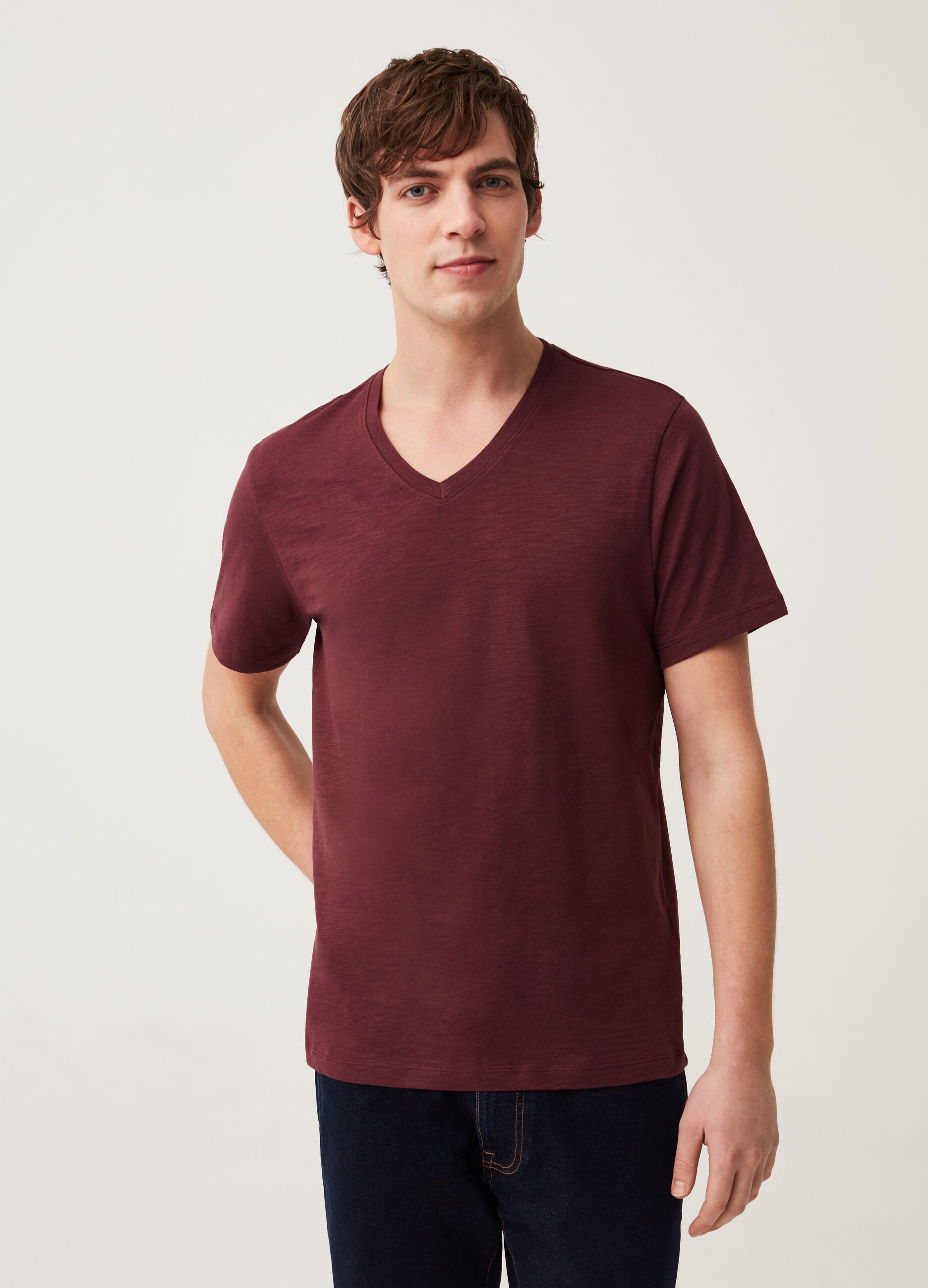 Jersey slub T-shirt with V neck