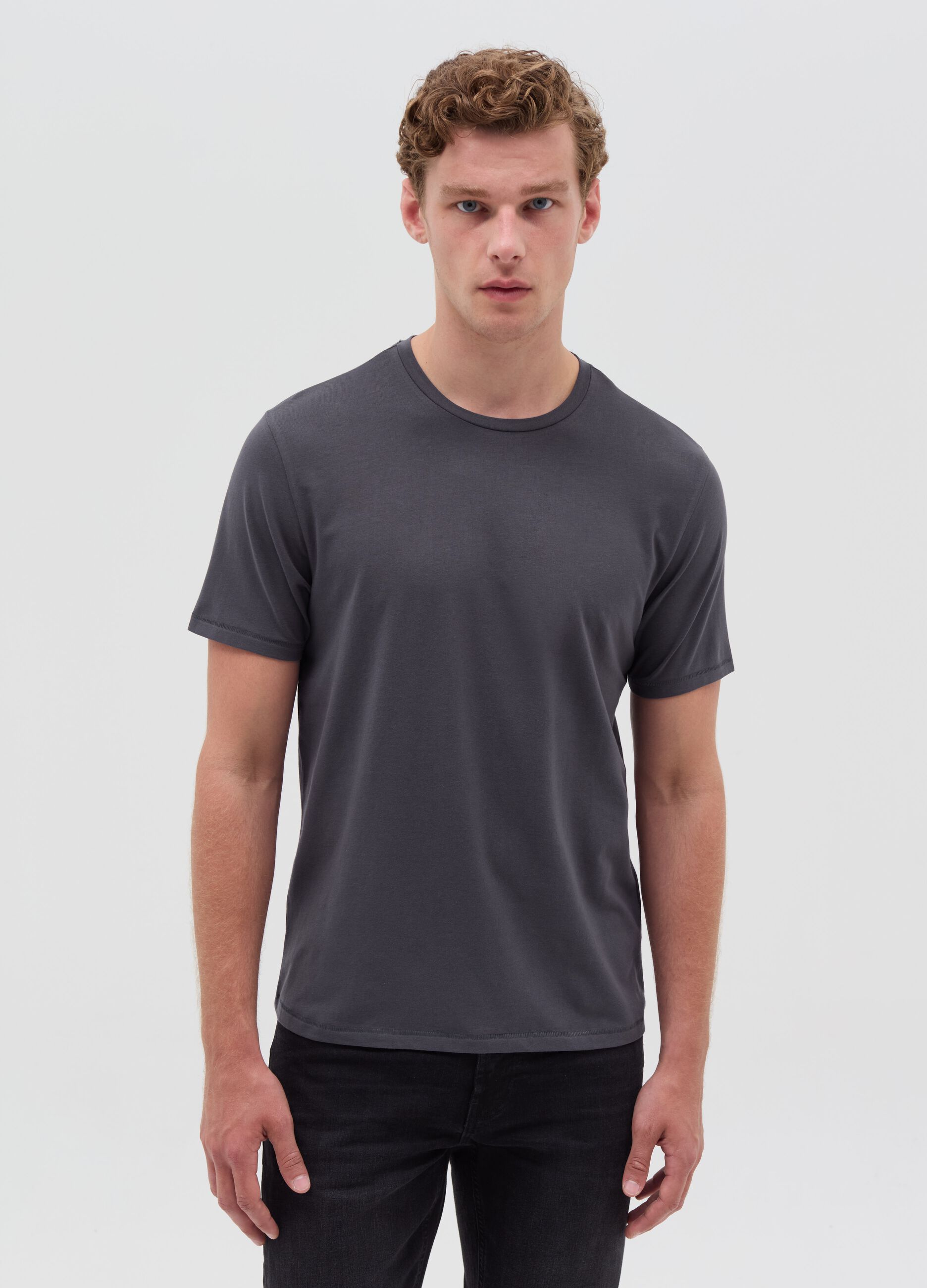 Stretch cotton T-shirt with crew-neck