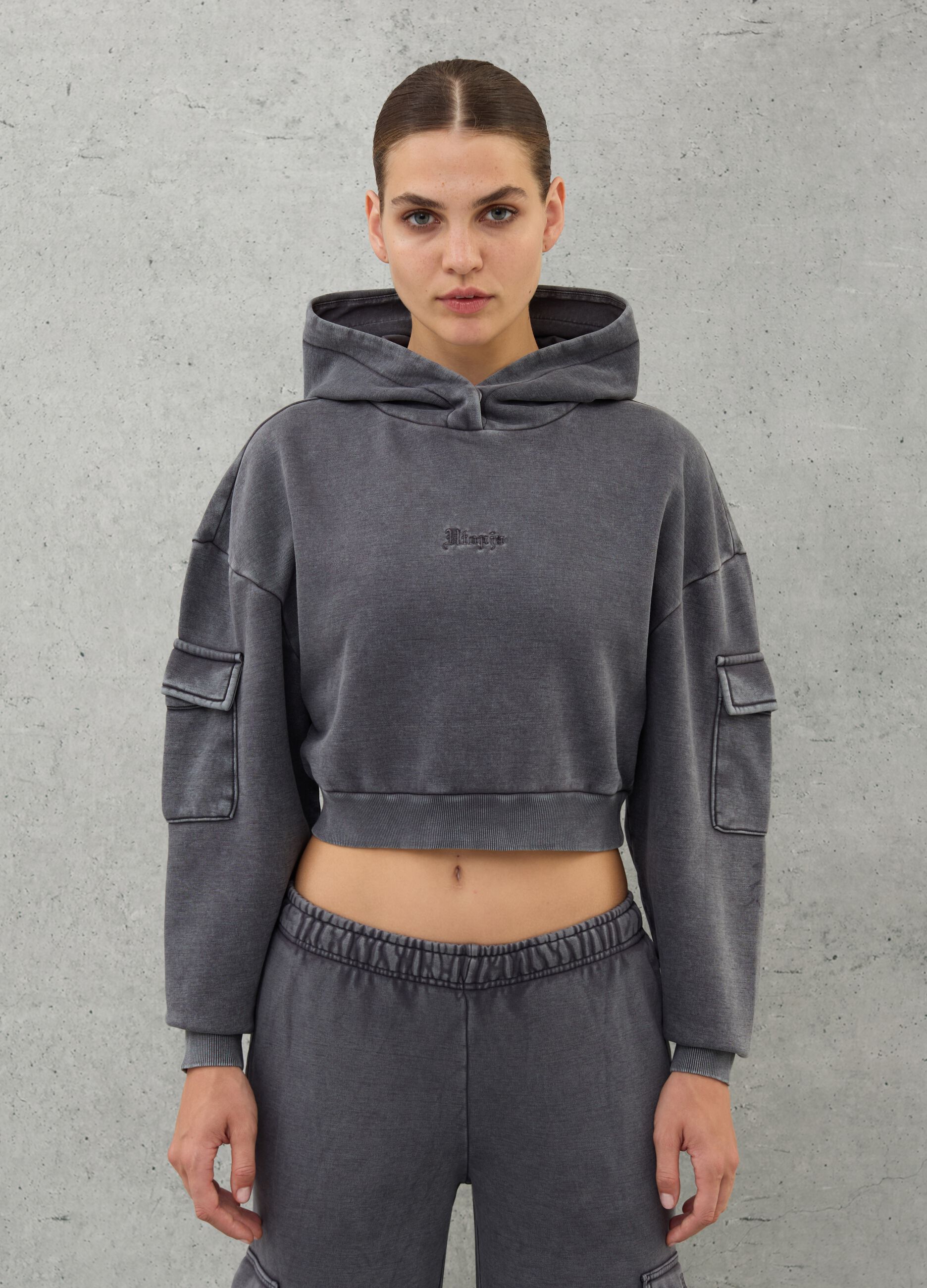 Crop Cargo Hoodie Vintage Grey