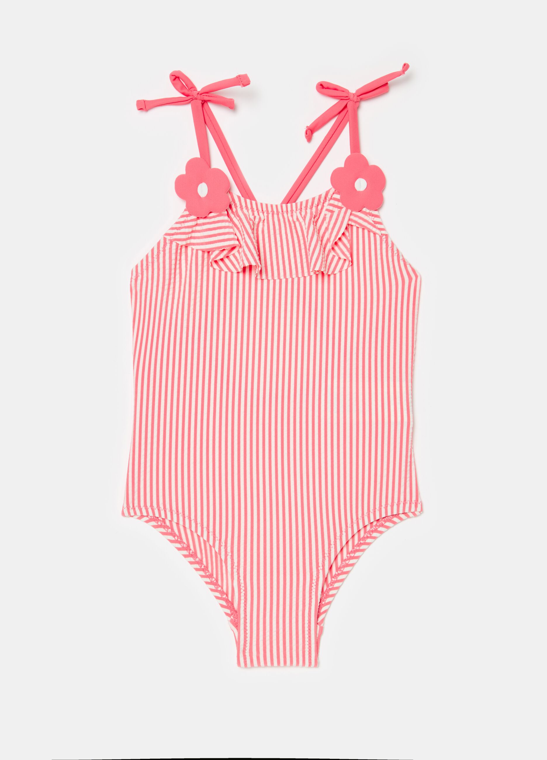 One-piece striped swimsuit with flowers and flounce