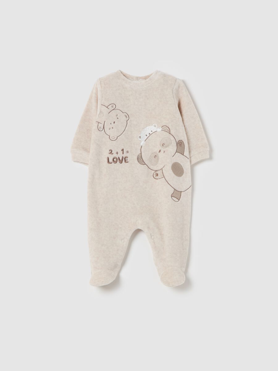 Velour onesie with feet and teddy bears embroidery_0