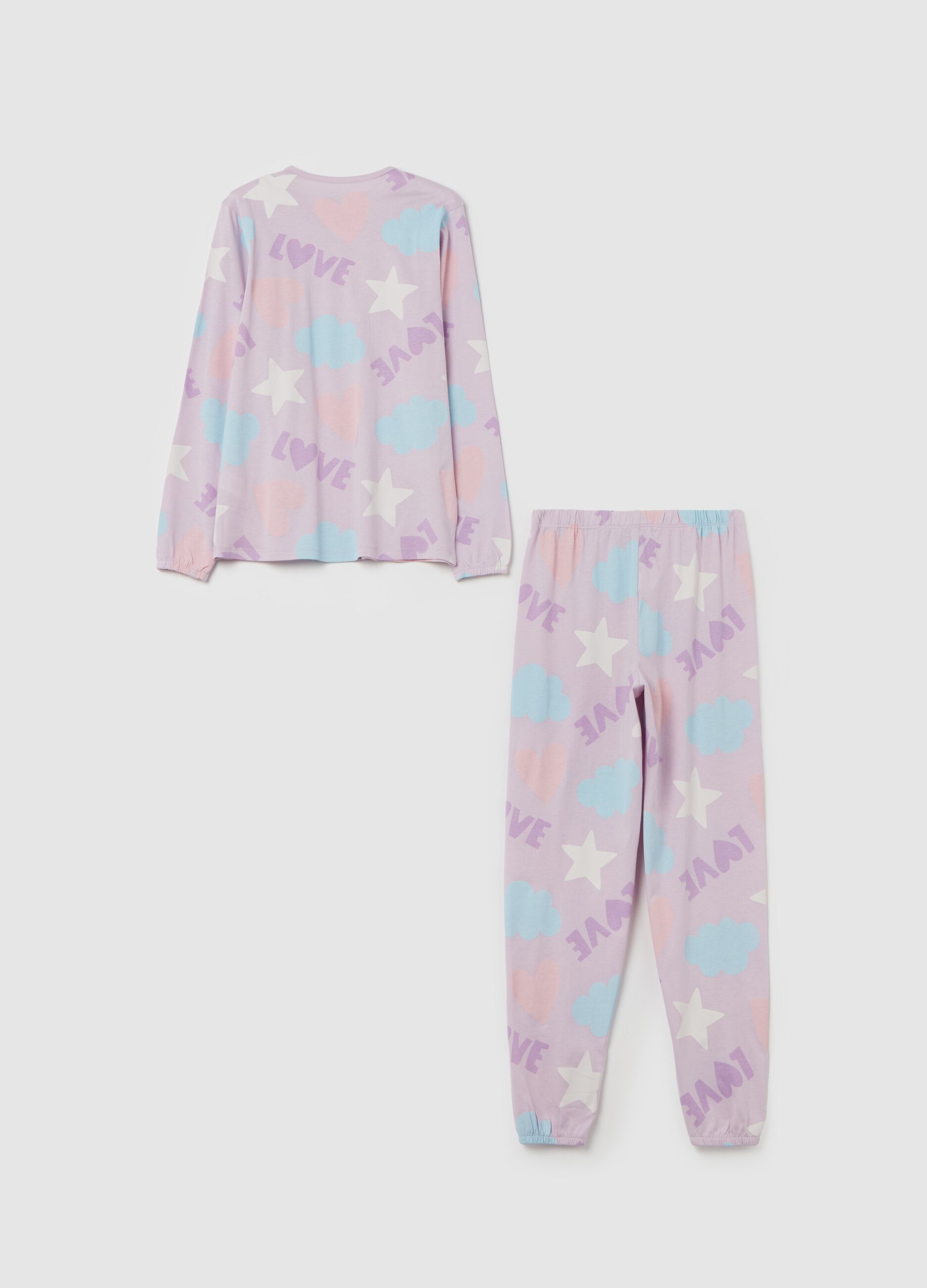 Organic cotton pyjamas with "LOVE" stars and clouds print