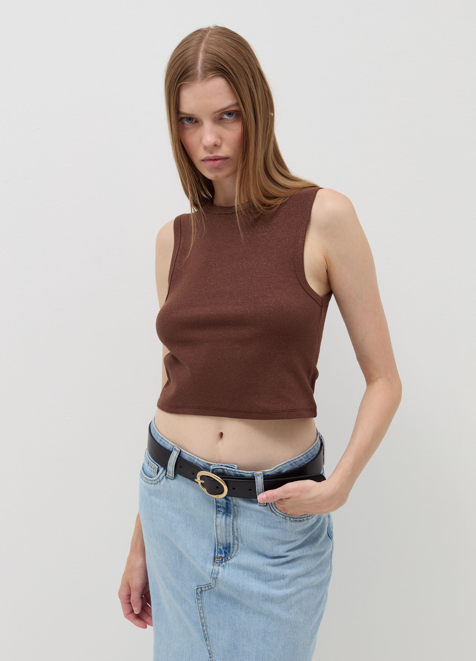 Ribbed crop tank top with lurex