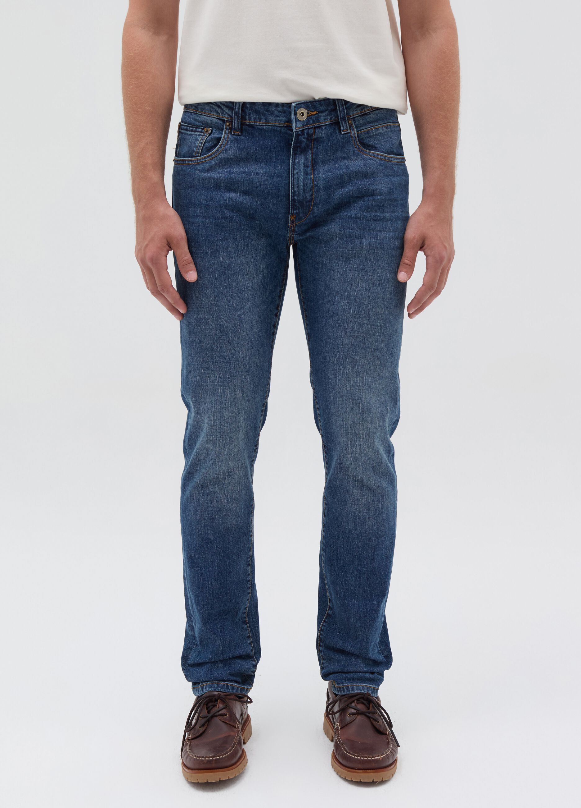 Slim-fit cross-hatch cotton jeans