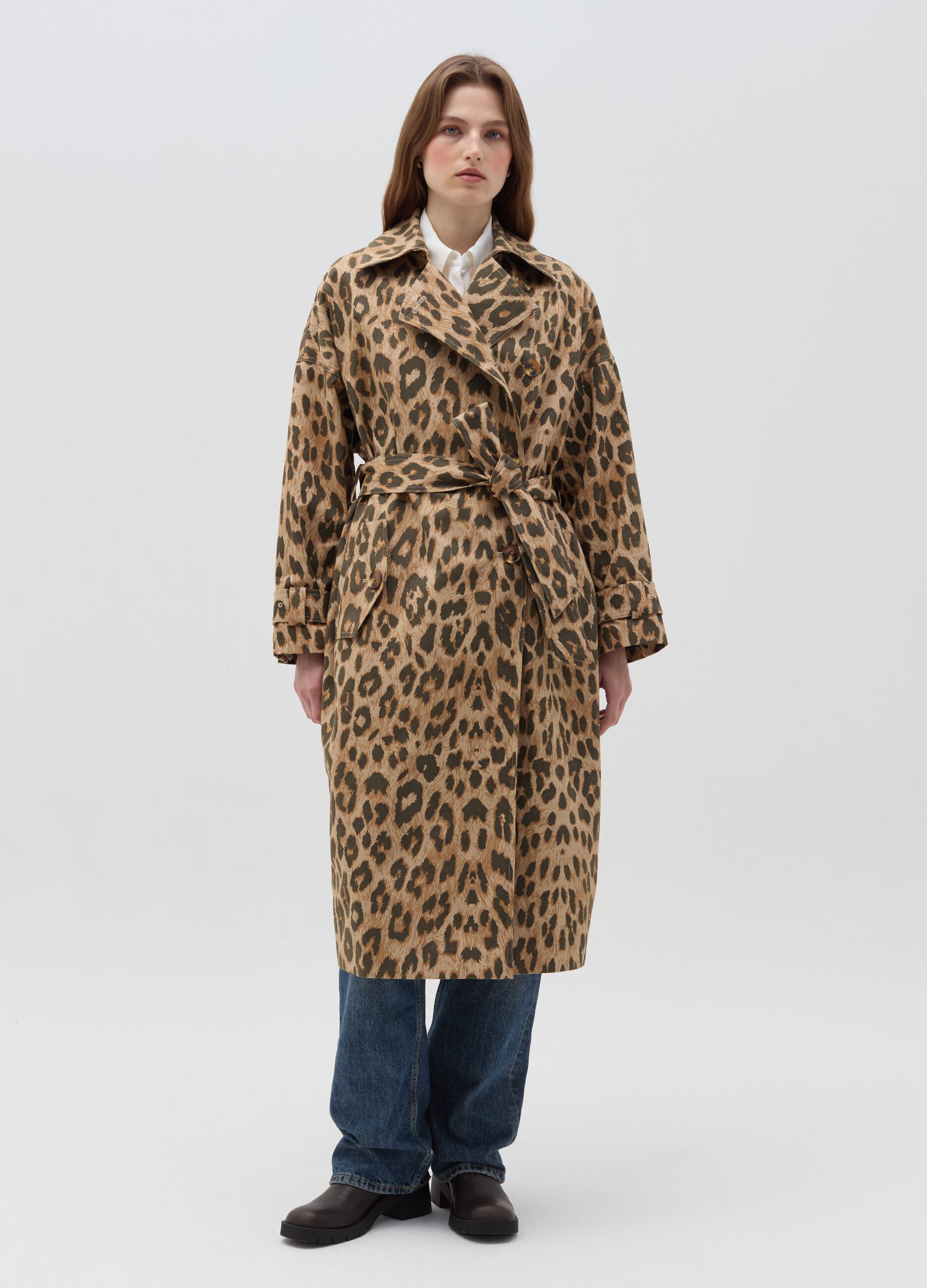 Double-breasted trench coat with animal print