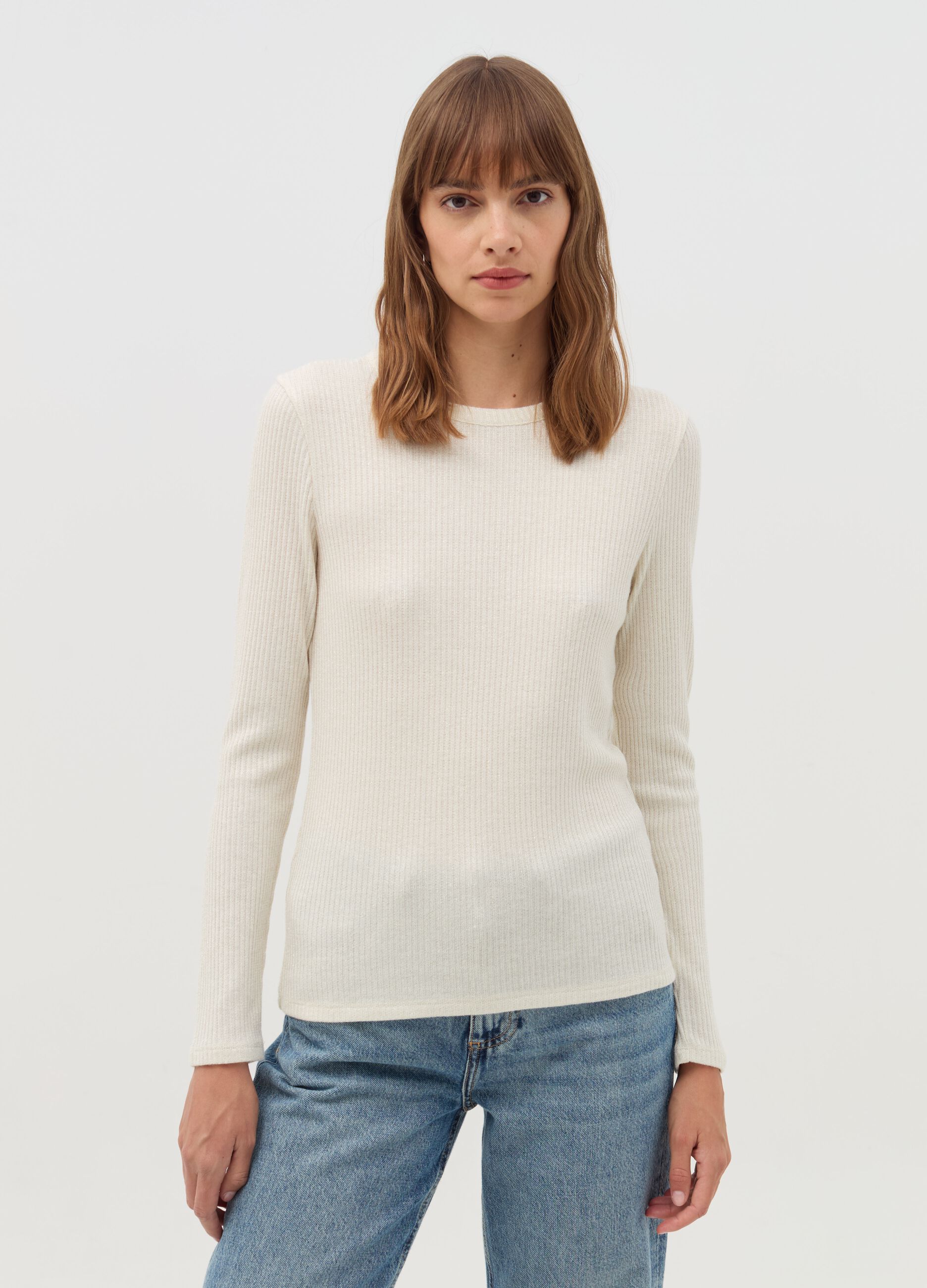 Flat-rib T-shirt with round neck and lurex