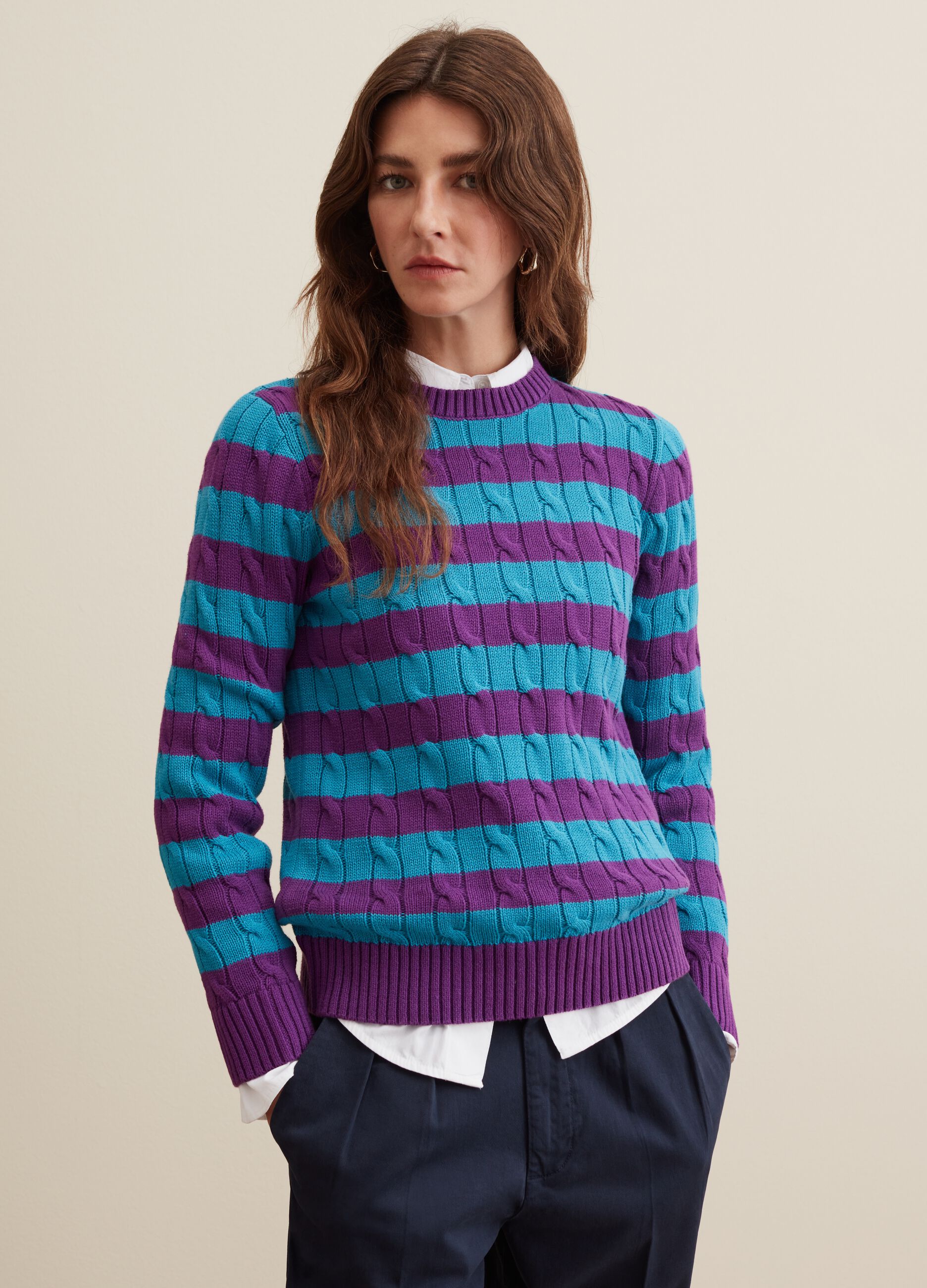 Striped pullover with cable-knit design