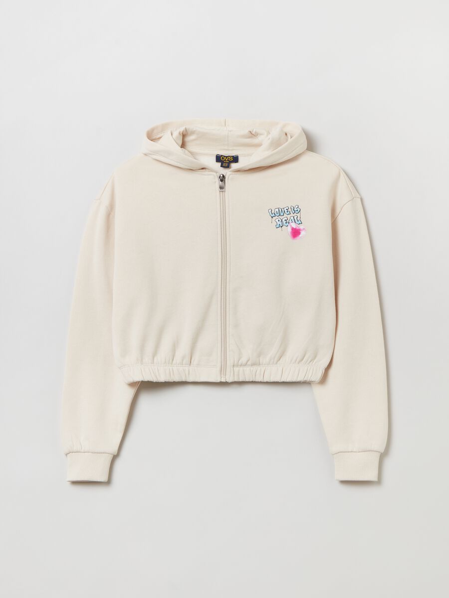 Cropped full-zip sweatshirt with hood and print_0
