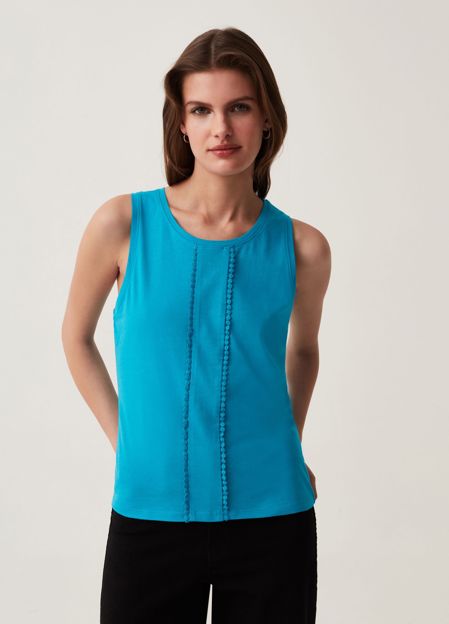 Cotton tank top with crochet trim