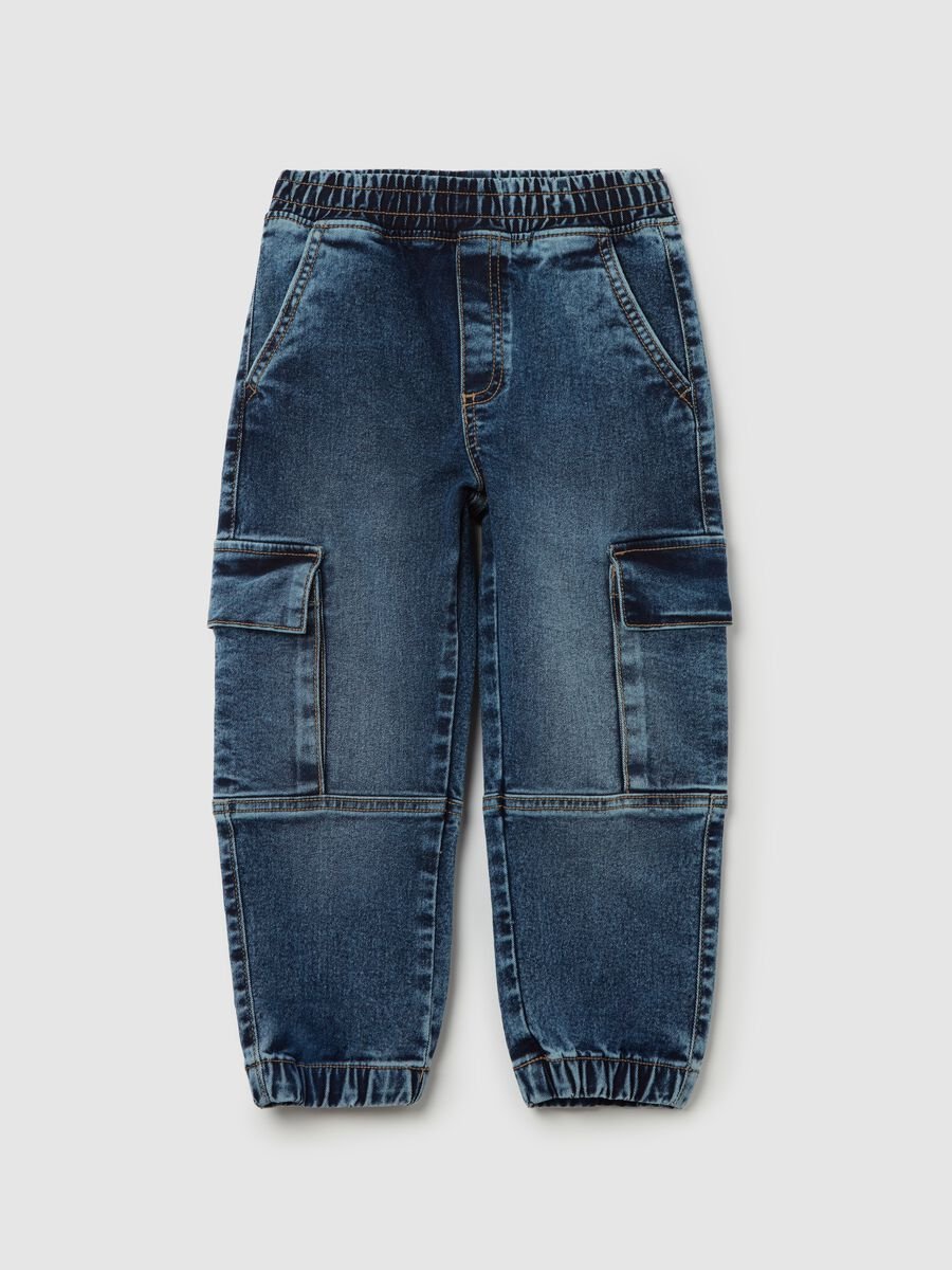 Denim cargo joggers with drawstring_0