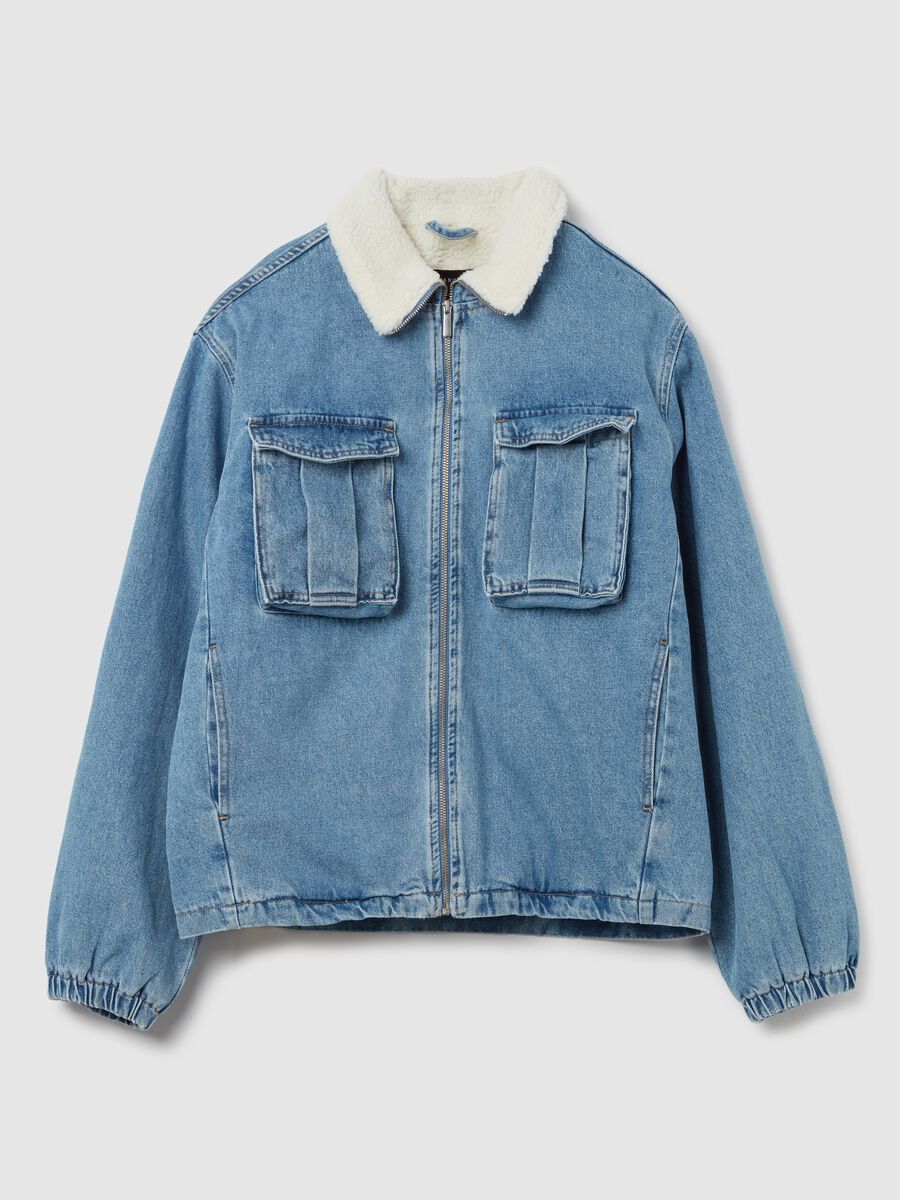 Short jacket in denim with sherpa collar_4