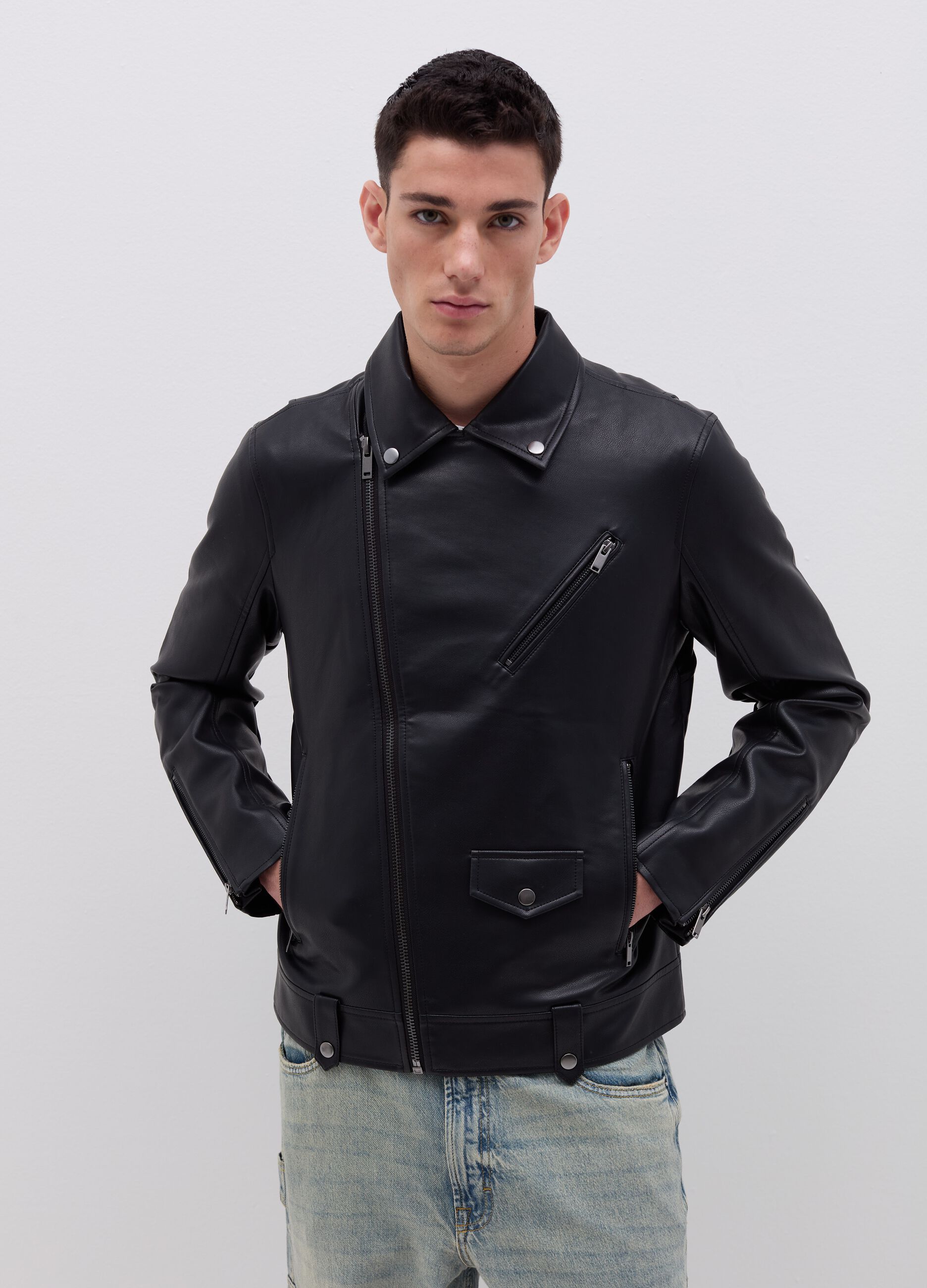 Full-zip glossy-effect biker jacket