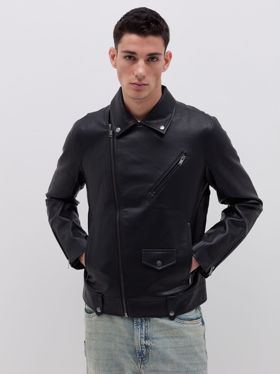 Full-zip glossy-effect biker jacket_1