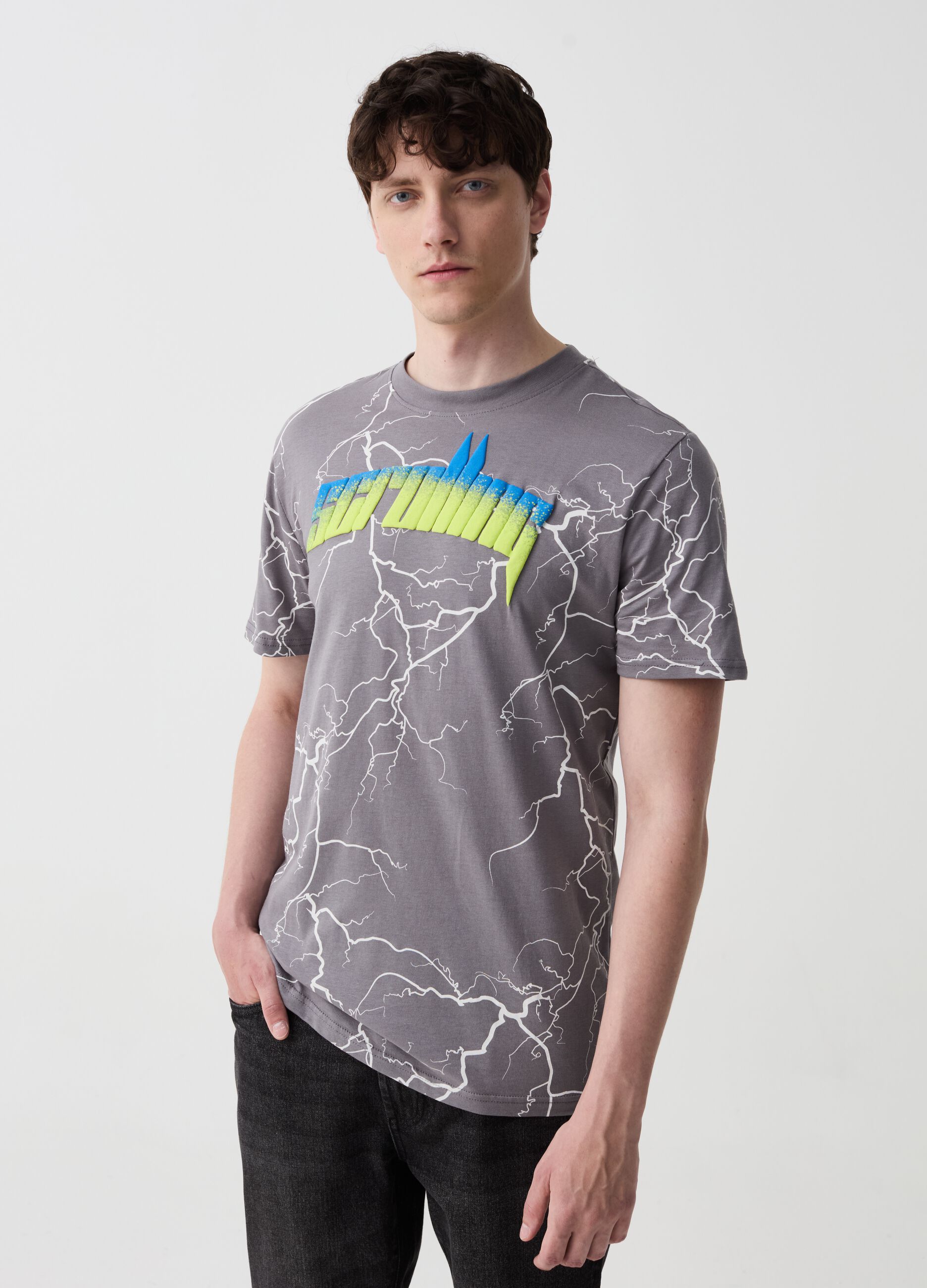 T-shirt with lightning and lettering print