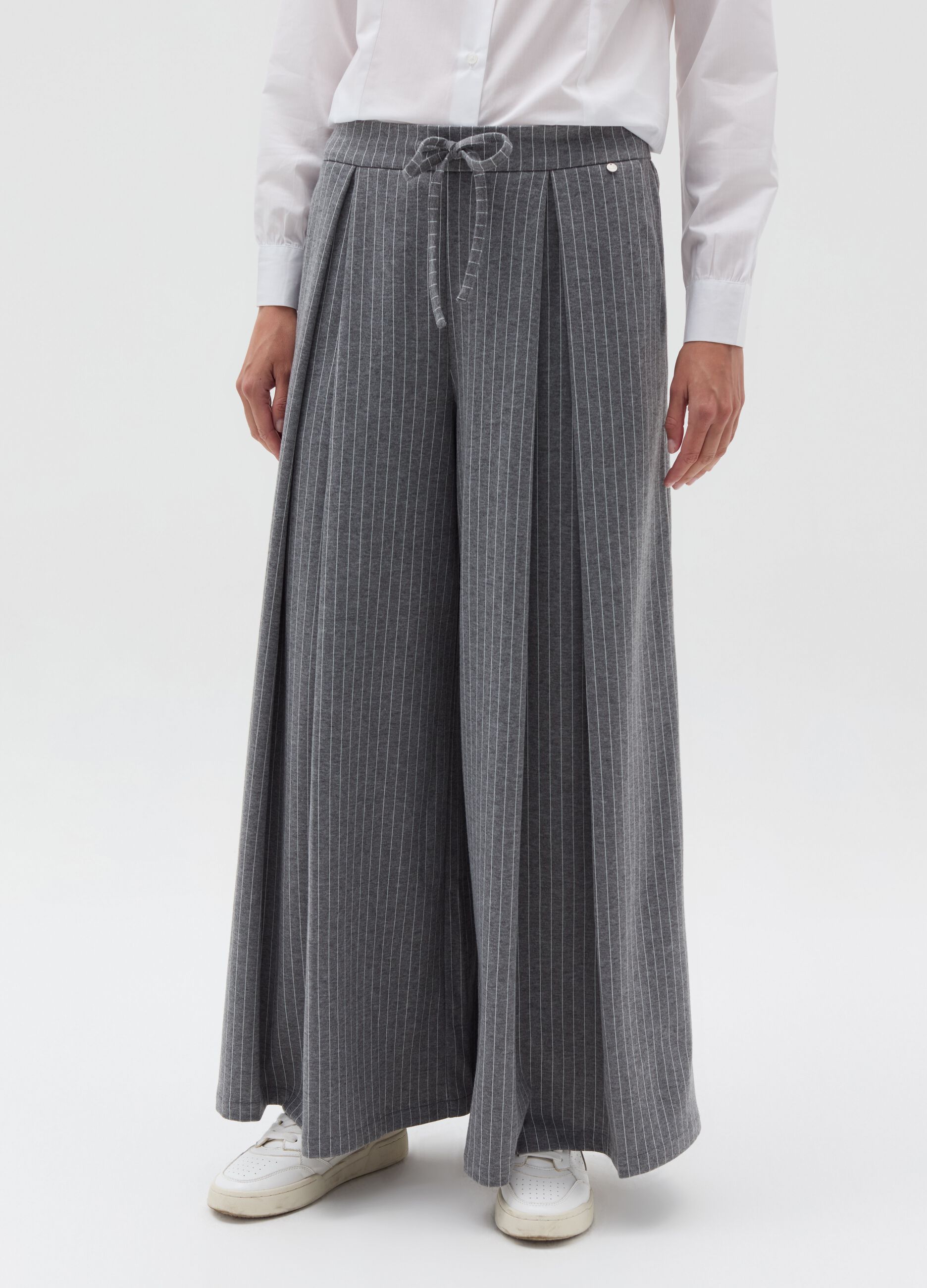 Wide-leg pinstriped trousers with darts