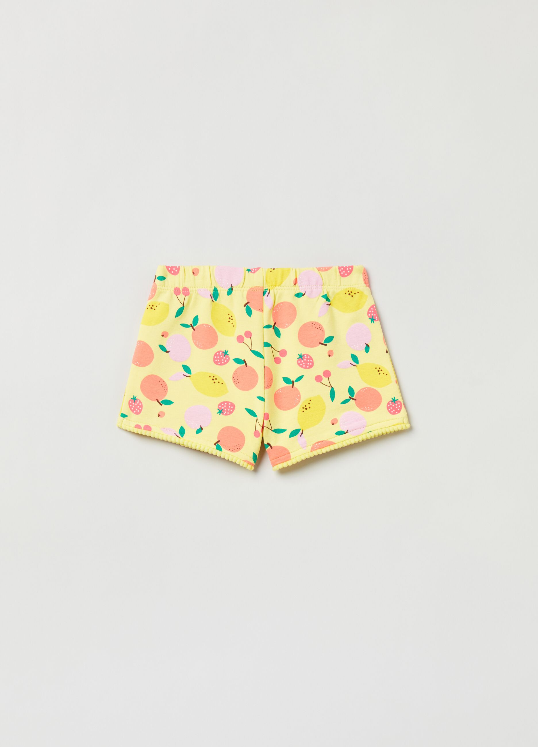 French terry shorts with print and pompoms