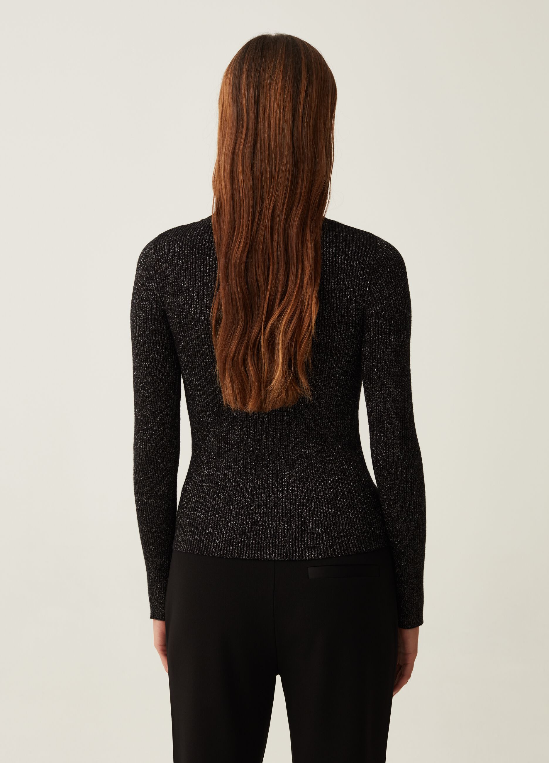 Ribbed lurex top with mock neck