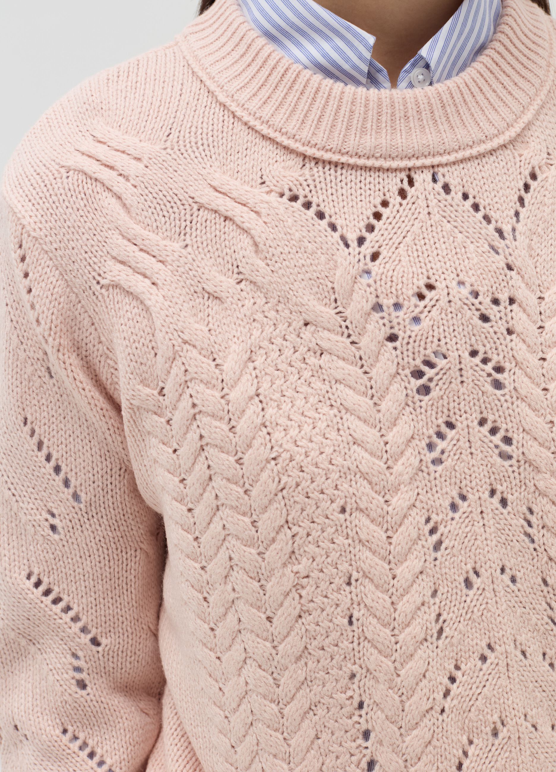 Cropped pointelle pullover with cable-knit design