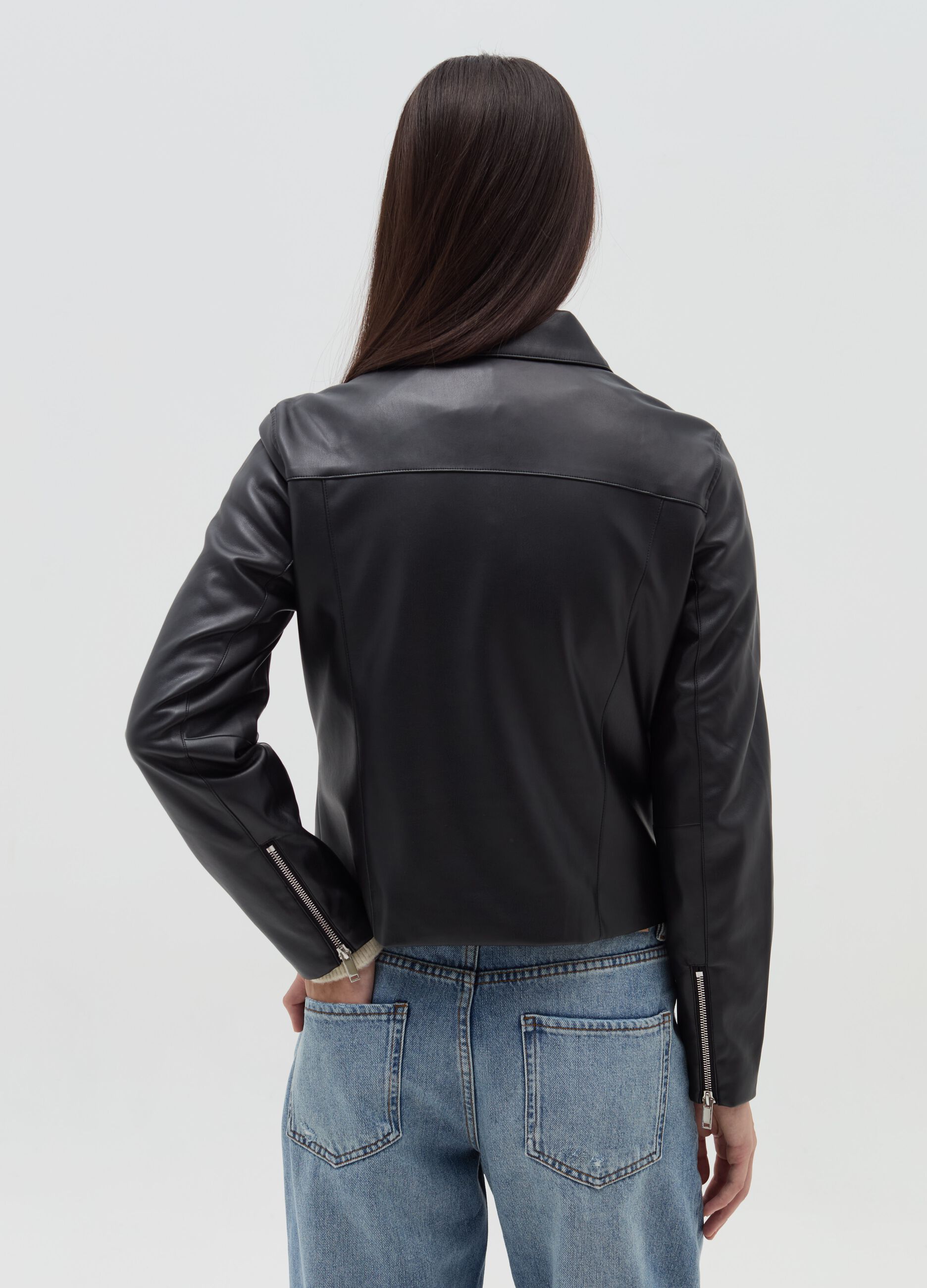 Glossy-effect biker jacket with zip