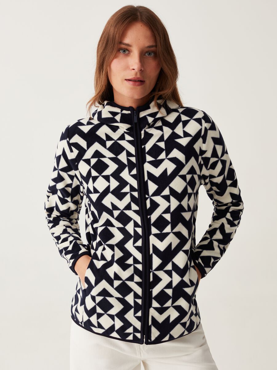 Full-zip fleece sweatshirt with hood and print_1