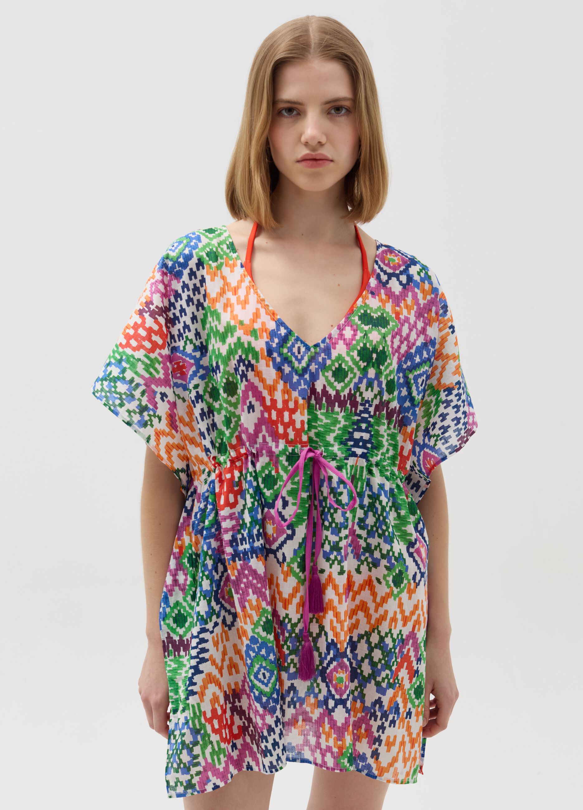 Beach cover-up poncho with ikat print