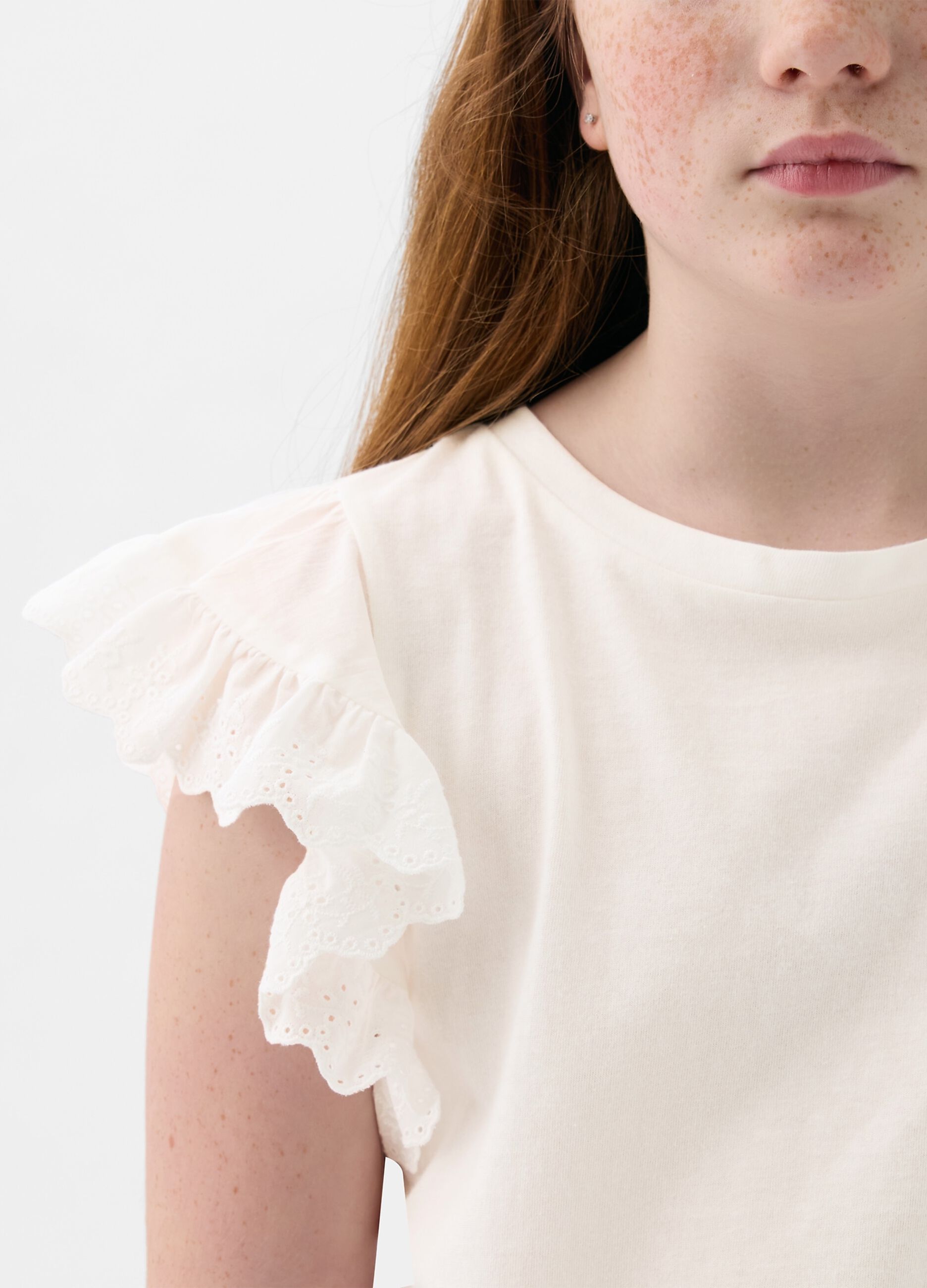 Cotton T-shirt with broderie anglaise flounces