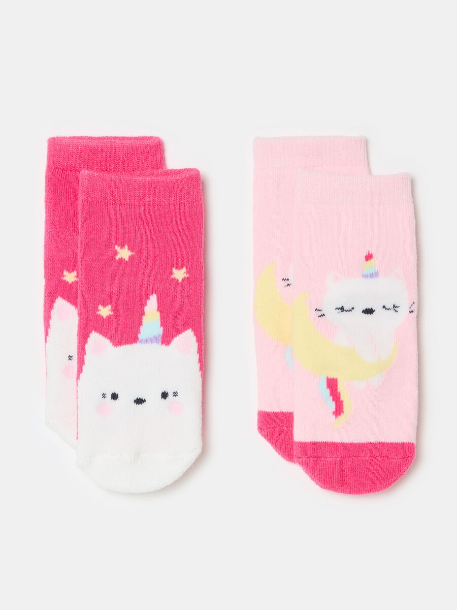 Two-pair pack slipper socks with unicorn kitten design_0