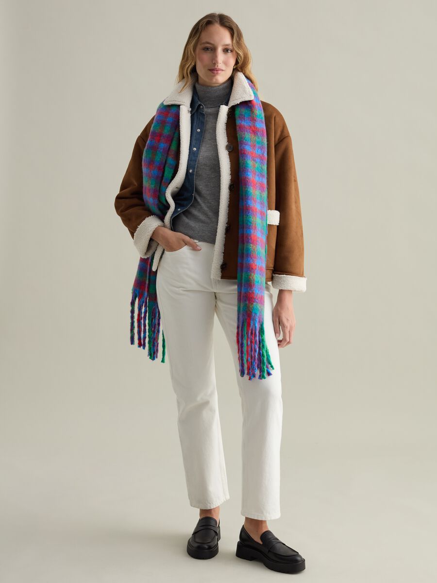 Chequered print scarf with fringe_0