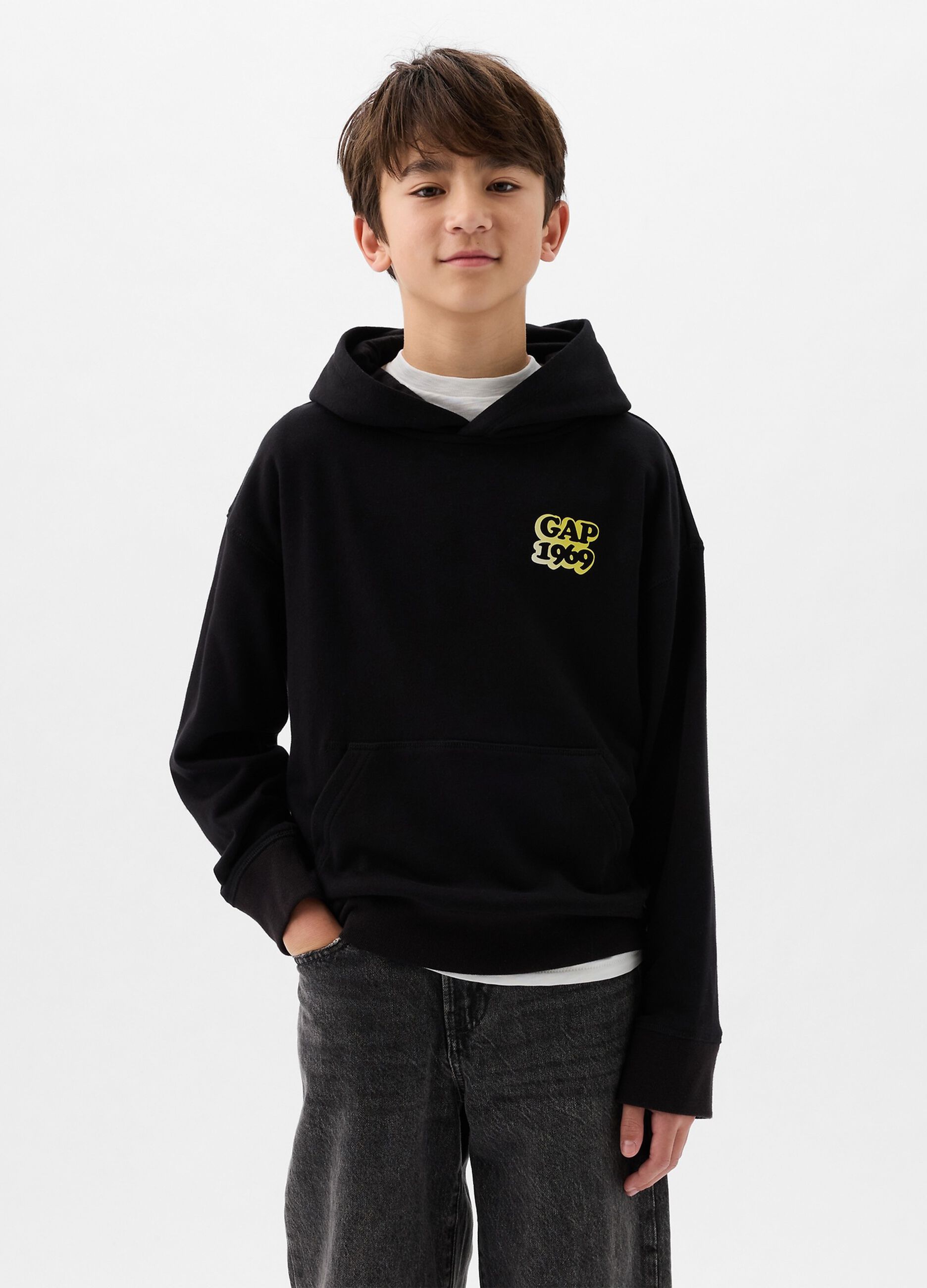 Sweatshirt with hood and lettering and logo print