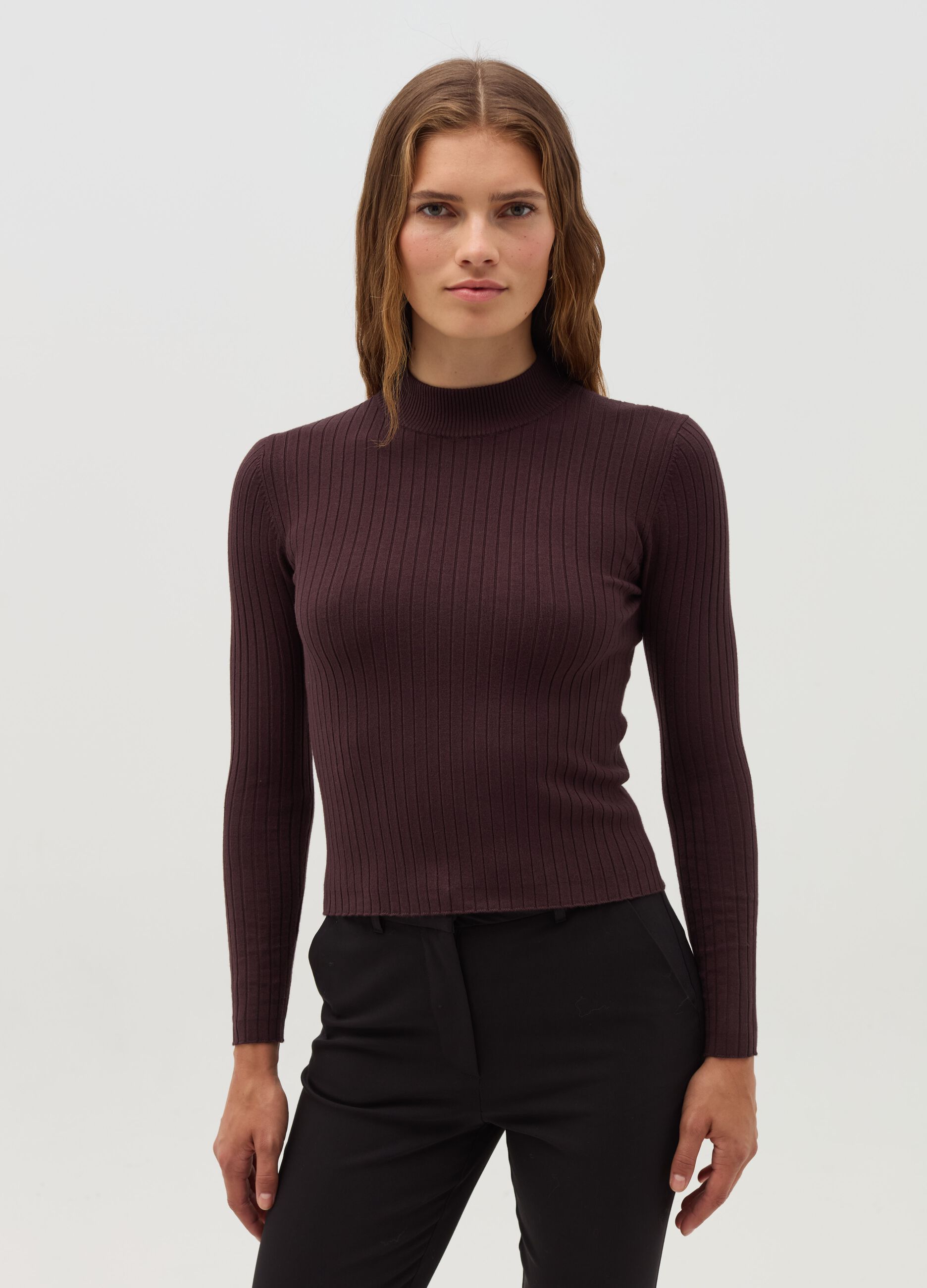 Ribbed knit pullover with mock neck