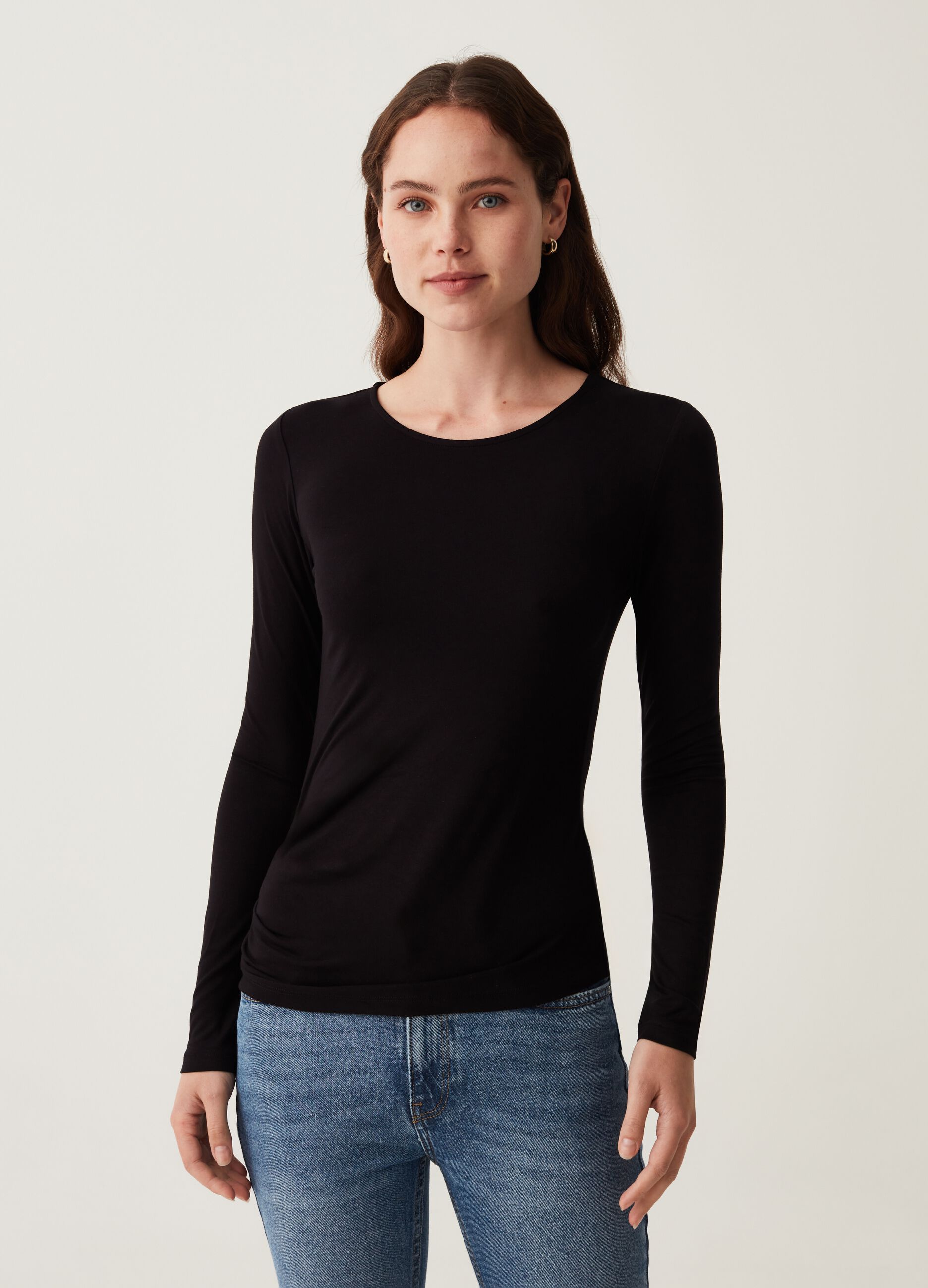 Stretch viscose T-shirt with long sleeves